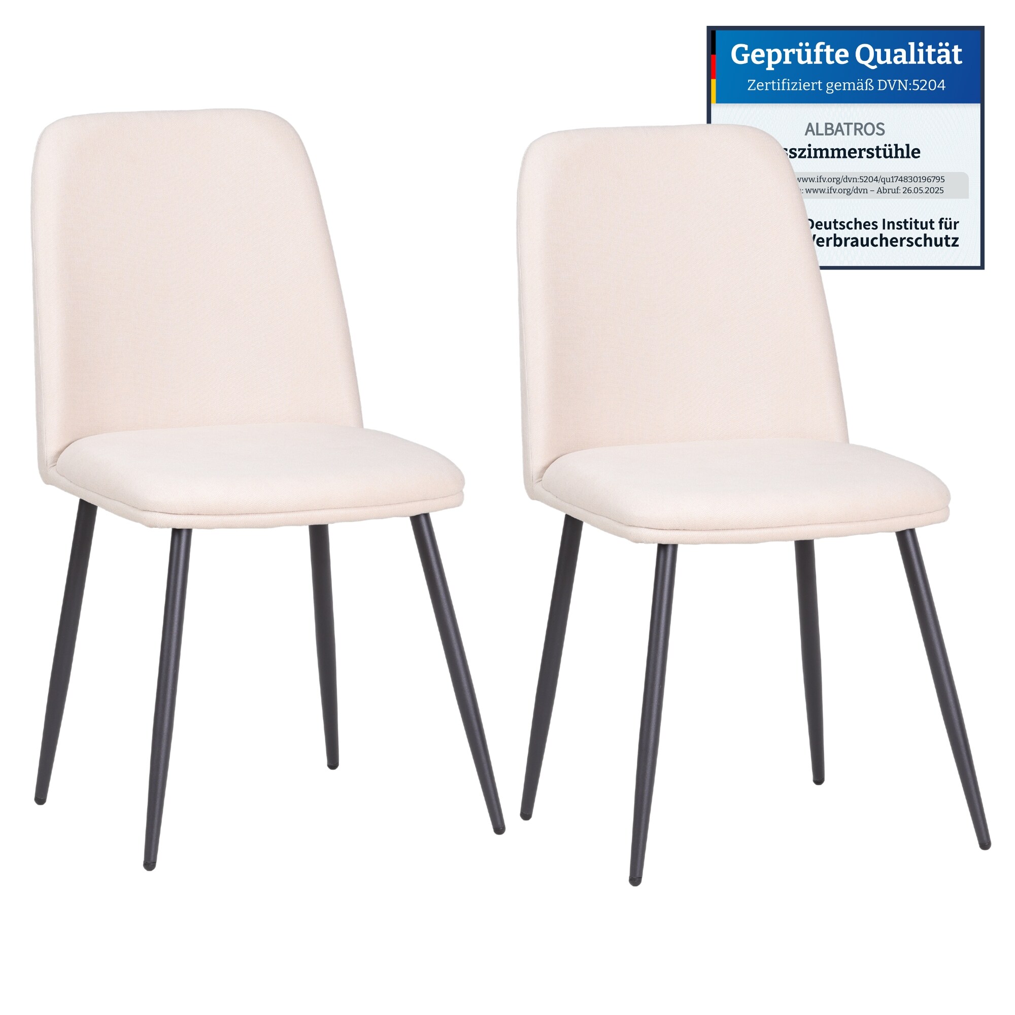 Albatros BONO Stoffstuhl Beige &ndash; 2er-Set Esszimmerst&uuml;hle im modernen Retro-Design, gepolstert & ergonomisch, DEKRA-gepr&uuml;ft, pflegeleichter Stoffbezug 