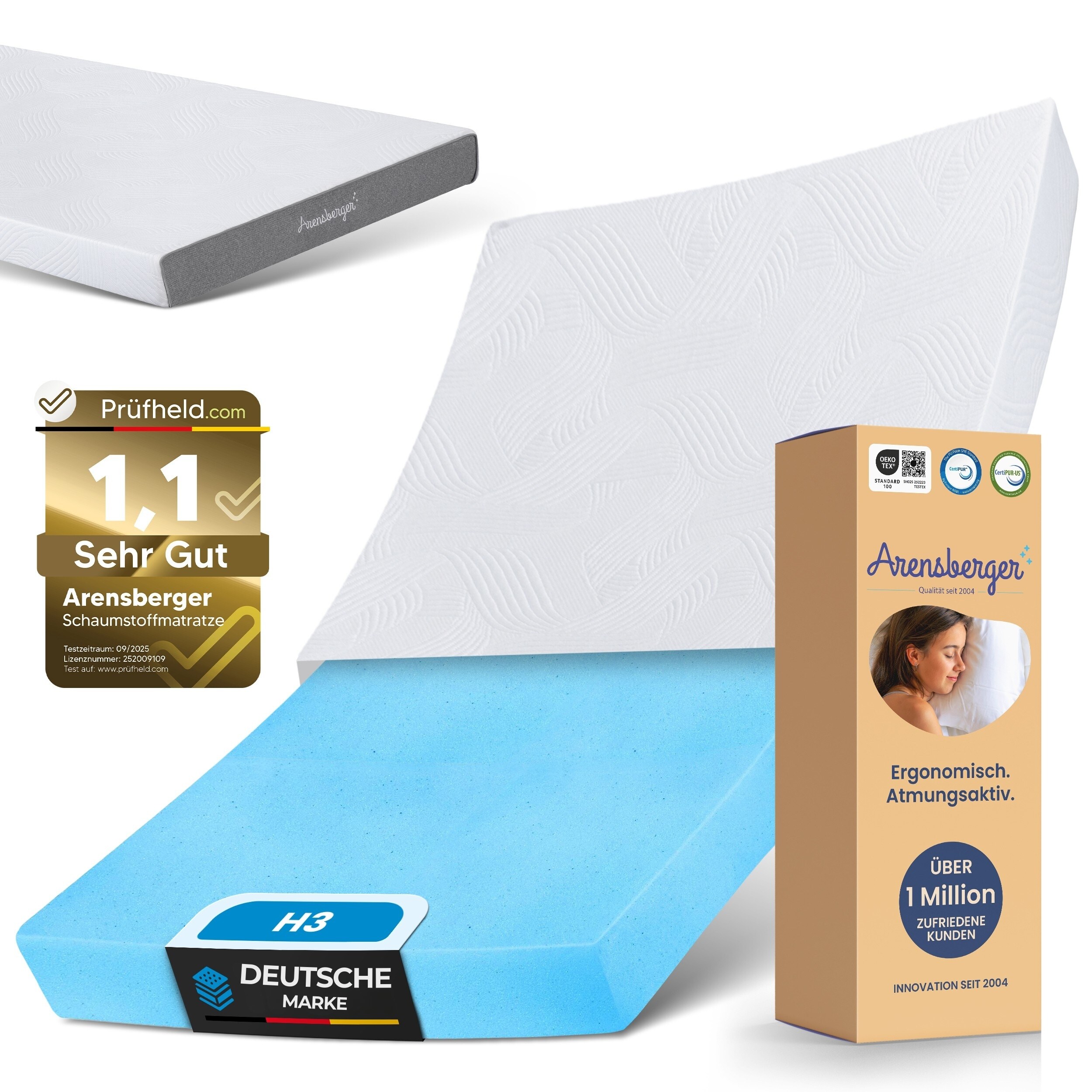 ARENSBERGER LINA, Gelschaum Matratze 160x200 cm &ndash; 11 cm NANOCELL&reg; Gel-Schaum &ndash; H3 H&auml;rtegrad &ndash; Atmungsaktiv &ndash; Abnehmbarer Bezug 240g/m&sup2; 