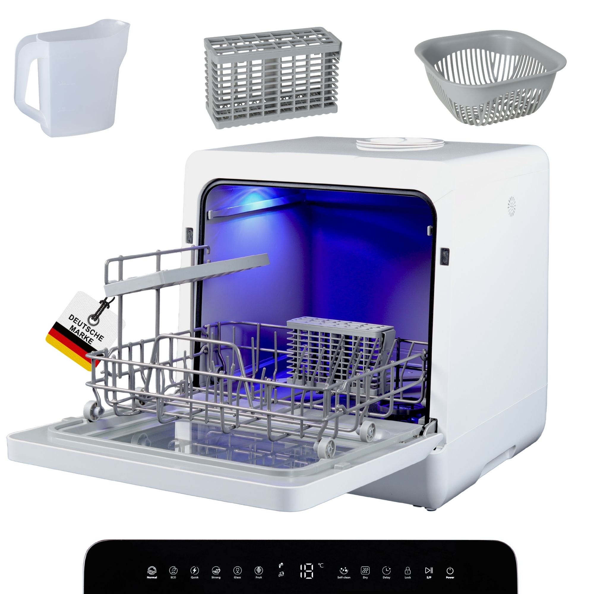 SP9 Dual Mini Geschirrsp&uuml;ler | Tischgeschirrsp&uuml;ler f&uuml;r 1-5 Personen, 8 Programme, 950W | Kleine Sp&uuml;lmaschine freistehend mit LED, Touch, Tank & Wasseranschluss | leise & kompakt 