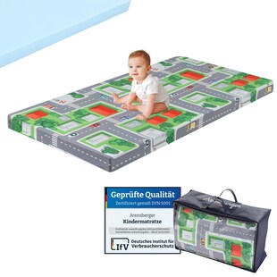 Arensberger Kinderreisebett Matratze 60x120 cm – faltbare Baby- & Kindermatratze mit Stadtmotiv, Nanocell Gelschaum, abnehmbarer Bezug & Tragetasche 