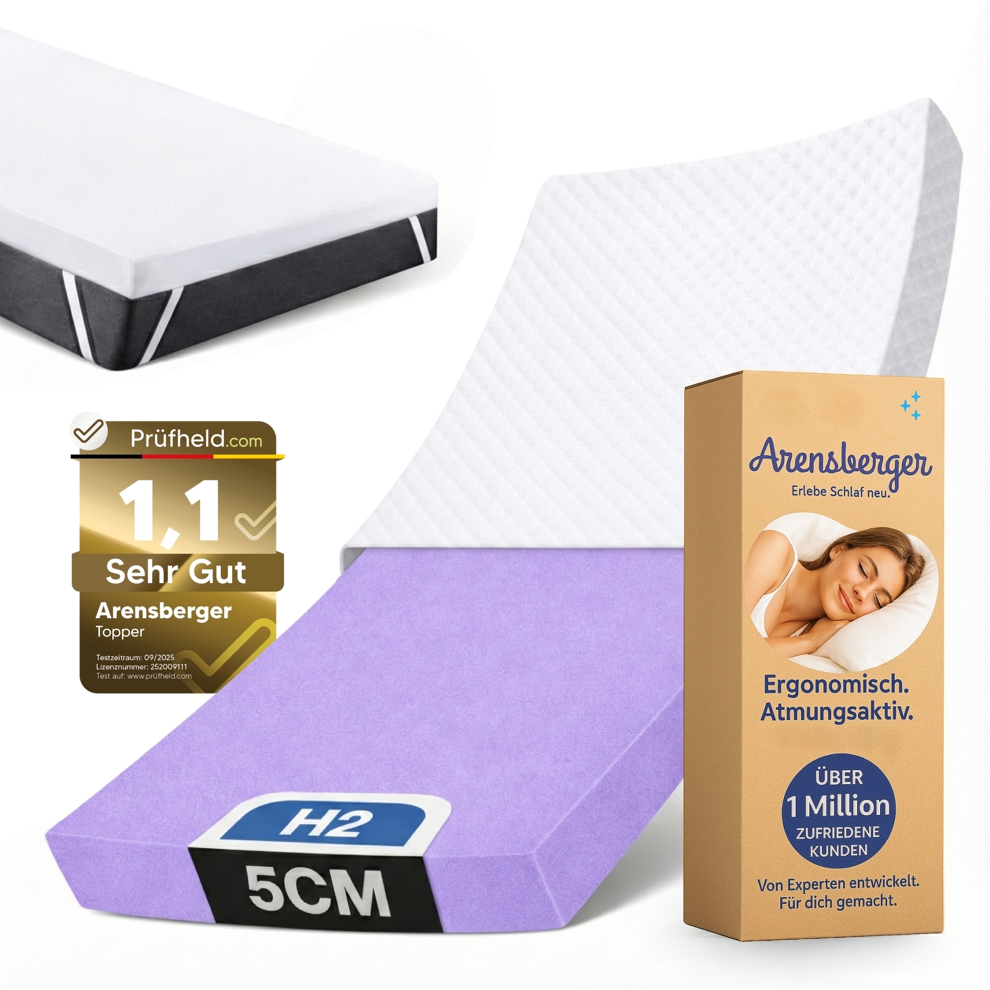 Arensberger Matratzen Topper SOFT, Memory Foam Matratzentopper, waschbarer Bezug, geeignet f&uuml;r Federkern & Schaumstoff Matratzen, H2, Matratzenauflage H&ouml;he 5cm 