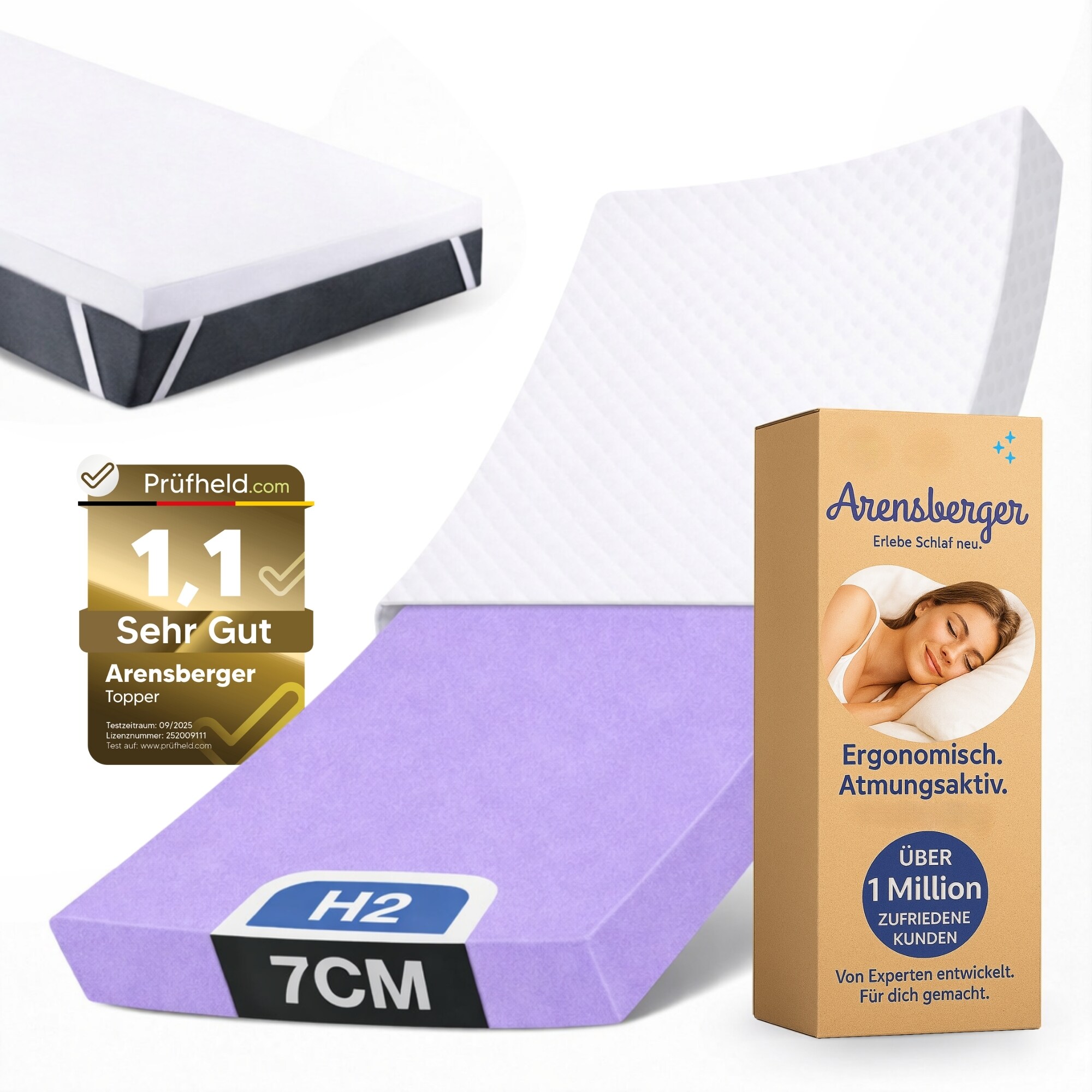 Arensberger Matratzen Topper SOFT Plus, Memory Foam Matratzentopper, waschbarer Bezug, geeignet f&uuml;r Federkern & Schaumstoff Matratzen, H2, Matratzenauflage H&ouml;he 7cm 