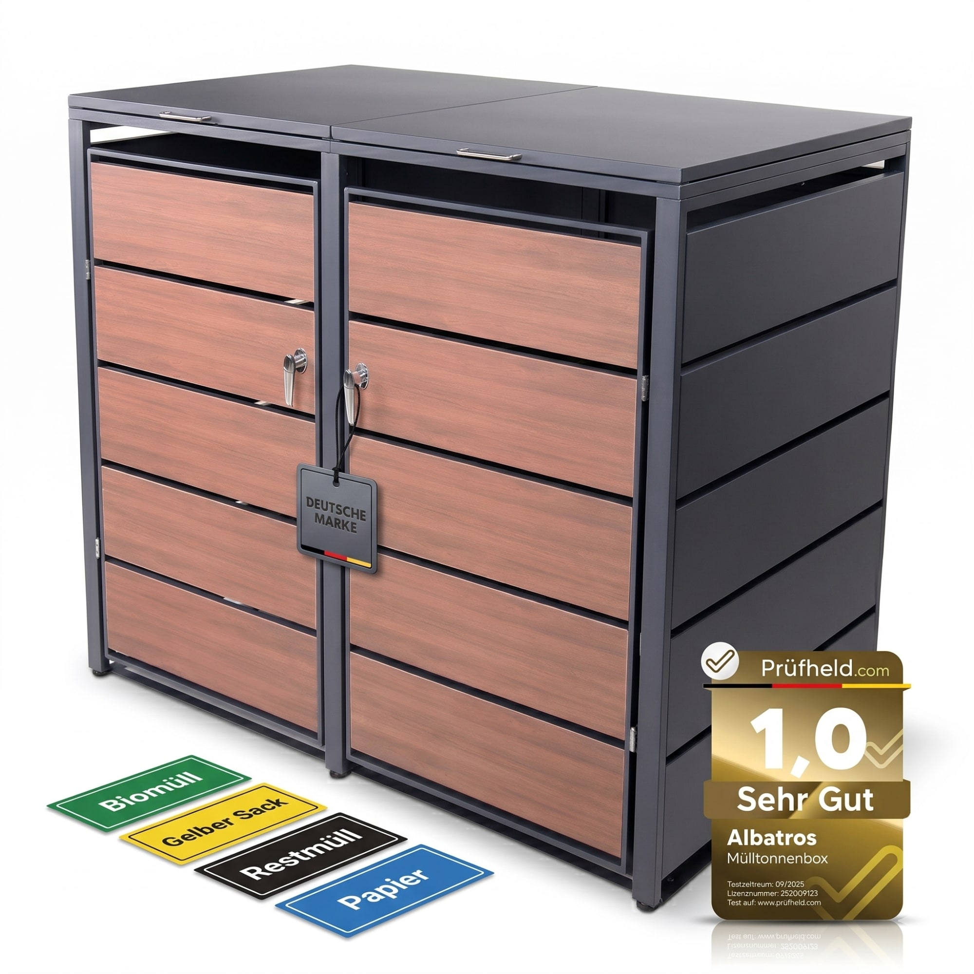 ALBATROS M&uuml;lltonnenbox 2er Holzdekor, 120L bis 240L, f&uuml;r Zwei Tonnen, M&uuml;lltonnenverkleidung aus verzinktem Metall mit Holzoptik, abschlie&szlig;bar, wetterfest, gepr&uuml;ft nach ISO9227, mit Aufkleber Set 