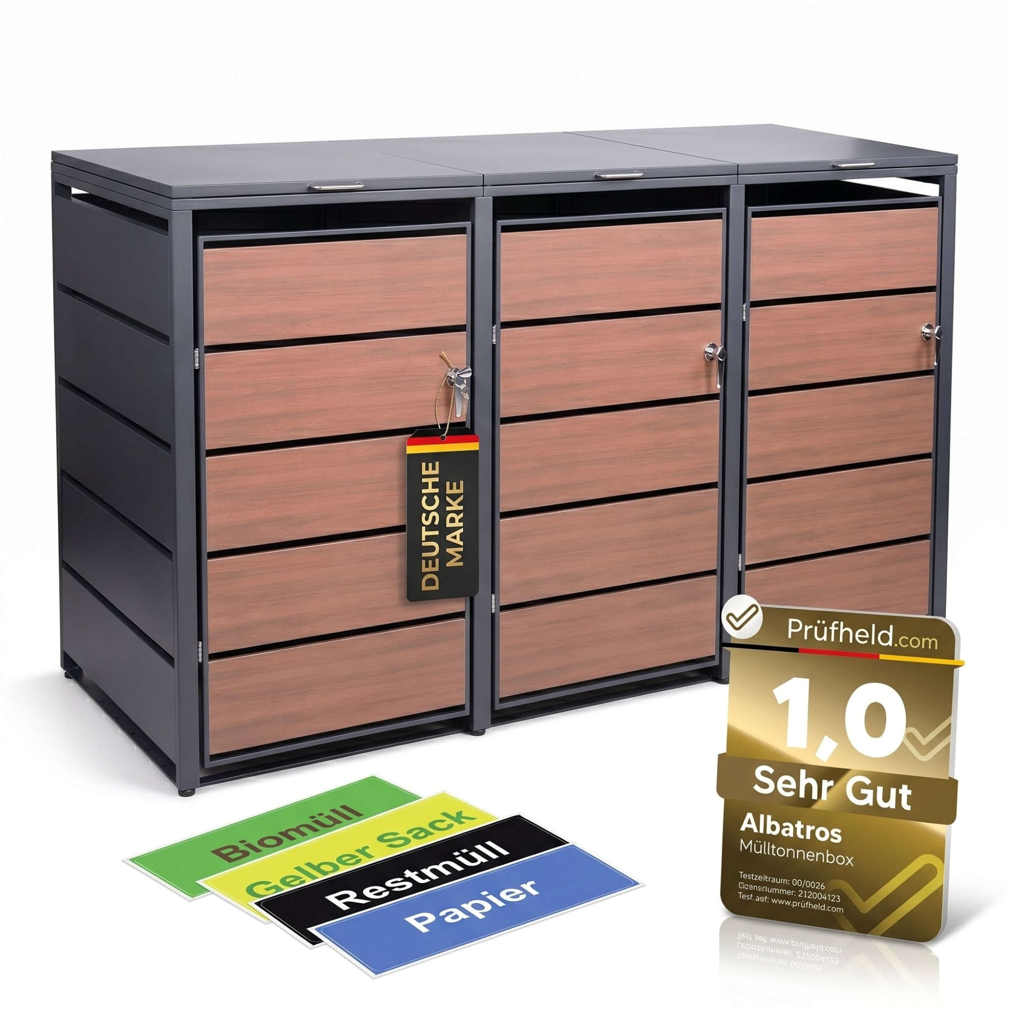 M&uuml;lltonnenbox 3er Holzdekor, 120L bis 240L, f&uuml;r Drei Tonnen, M&uuml;lltonnenverkleidung aus verzinktem Metall mit Holzdekor-Front, Anthrazit Grau RAL7016, abschlie&szlig;bar, wetterfest, gepr&uuml;ft nach ISO9227, mit Aufkleber Set 