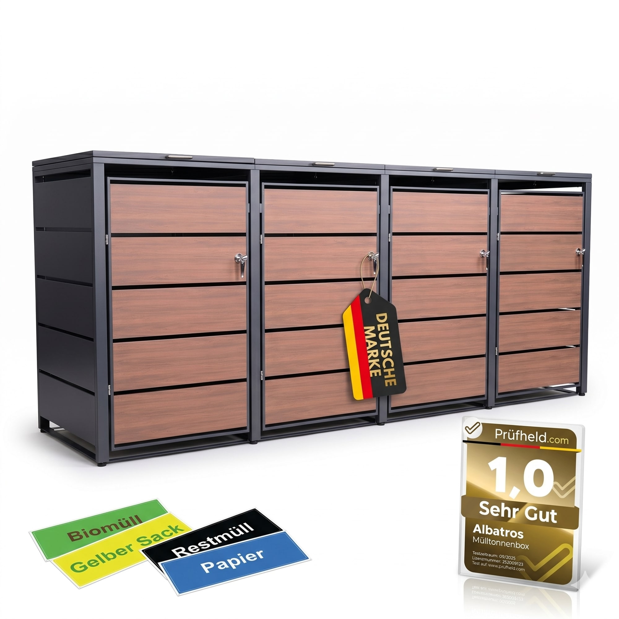 ALBATROS M&uuml;lltonnenbox 4er Holzdekor, 120L bis 240L, f&uuml;r Vier Tonnen, M&uuml;lltonnenverkleidung aus verzinktem Metall mit Holzdekor-Front, Anthrazit Grau RAL7016, abschlie&szlig;bar, wetterfest, gepr&uuml;ft nach ISO9227, mit Aufkleber Set 