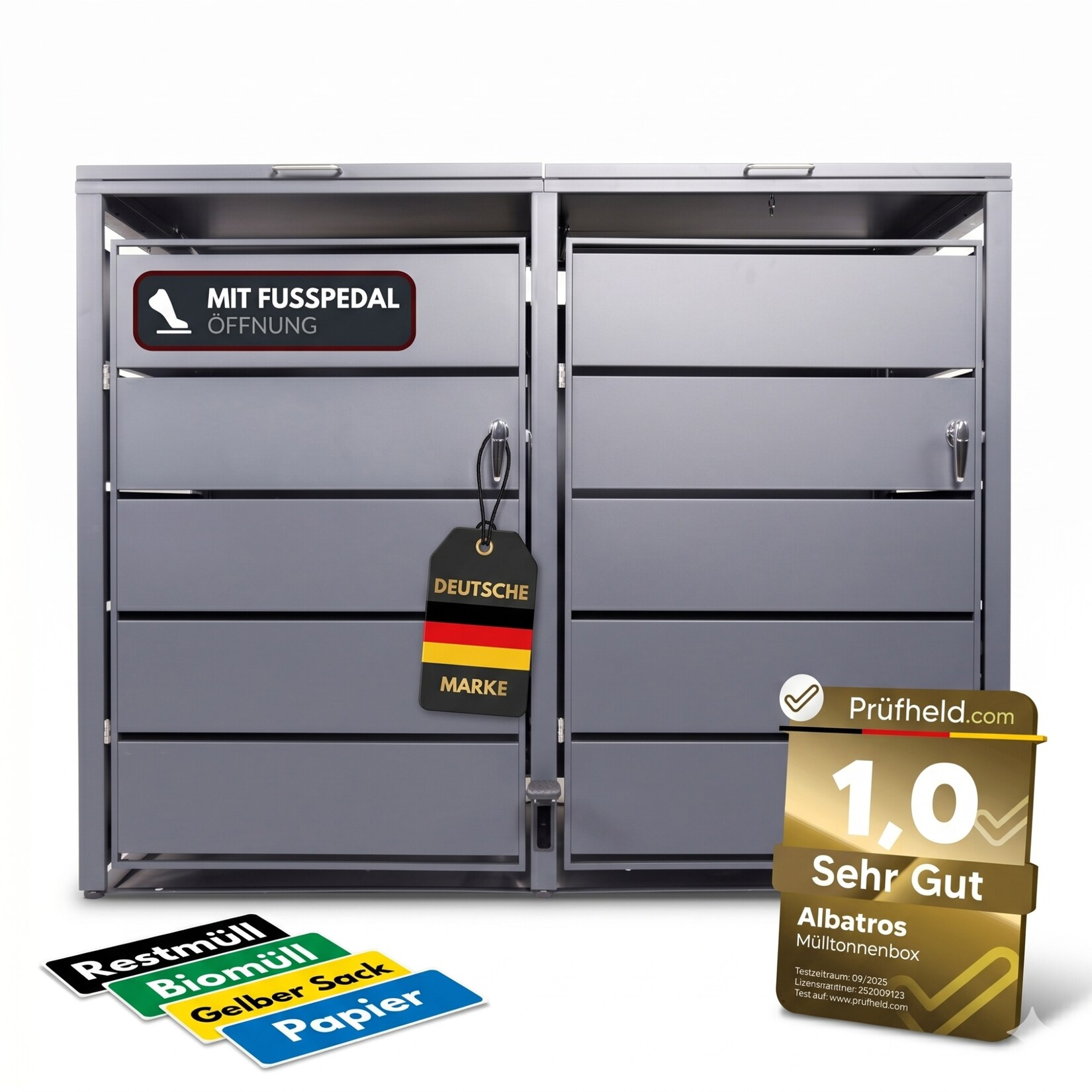Mülltonnenbox 2er mit Pedal,  bis 240L, für Zwei Tonnen, Metallverkleidung aus verzinktem Stahl, Anthrazit Grau RAL7016, abschließbar, wetterfest, ISO9227, mit Aufkleber Set