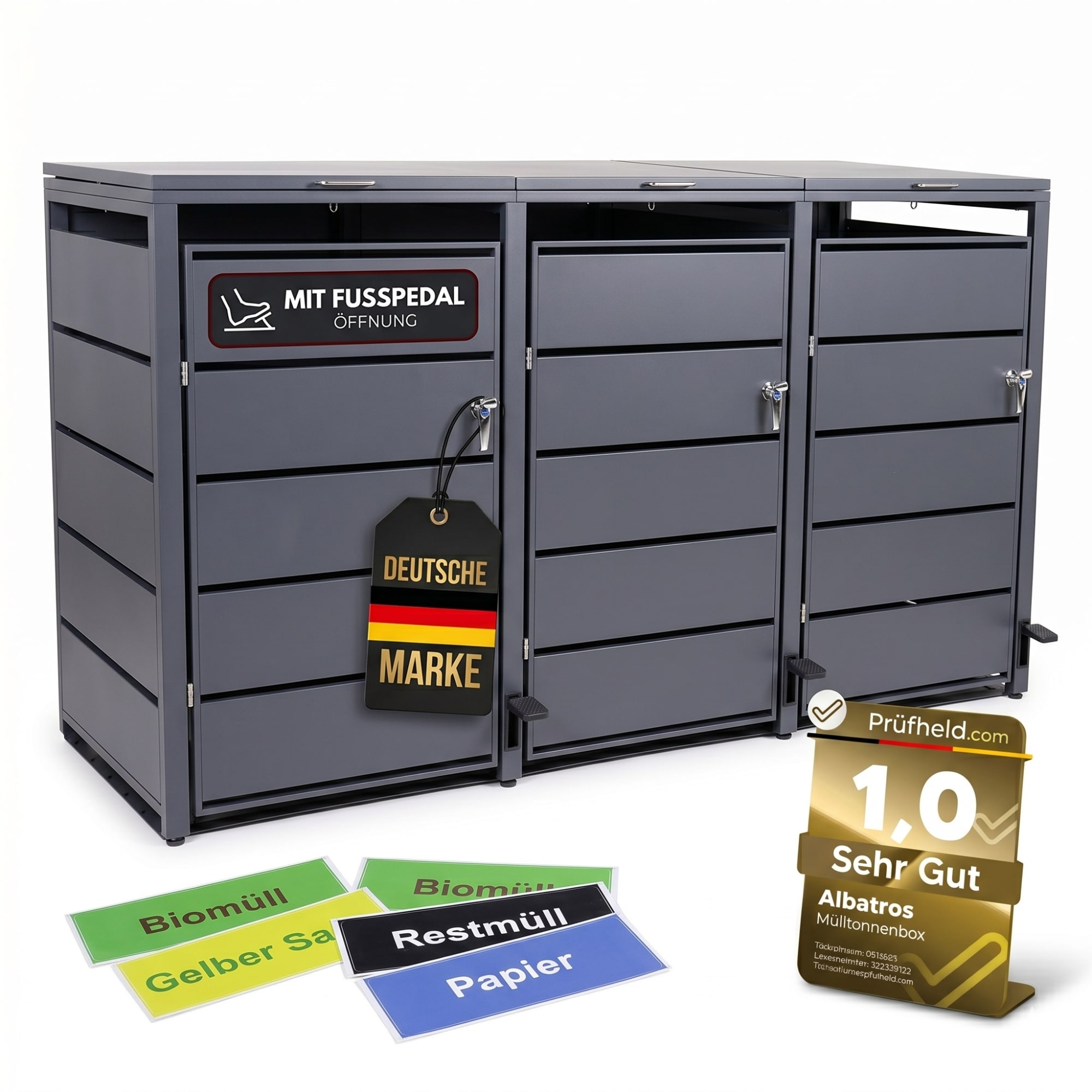 M&uuml;lltonnenbox 3er mit Pedal, 120L bis 240L, f&uuml;r Drei Tonnen, Metallverkleidung aus verzinktem Stahl, Anthrazit Grau RAL7016, abschlie&szlig;bar, wetterfest, ISO9227, mit Aufkleber Set 