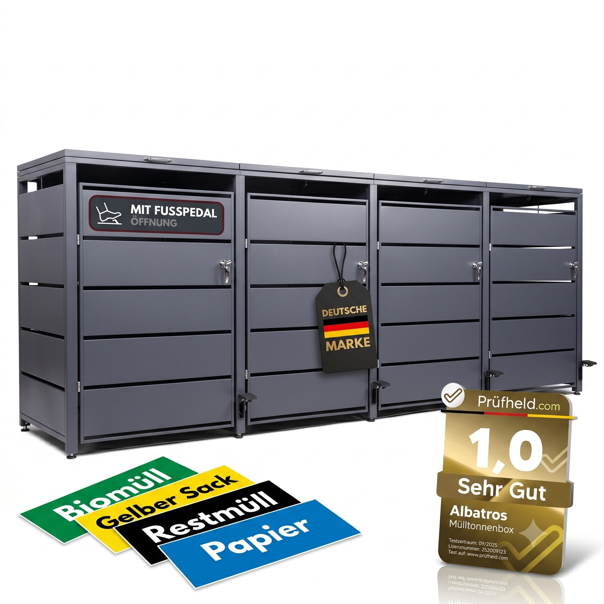 M&uuml;lltonnenbox 4er mit Pedal, 120L bis 240L, f&uuml;r Vier Tonnen, Metallverkleidung aus verzinktem Stahl, Anthrazit Grau RAL7016, abschlie&szlig;bar, wetterfest, ISO9227, mit Aufkleber Set 