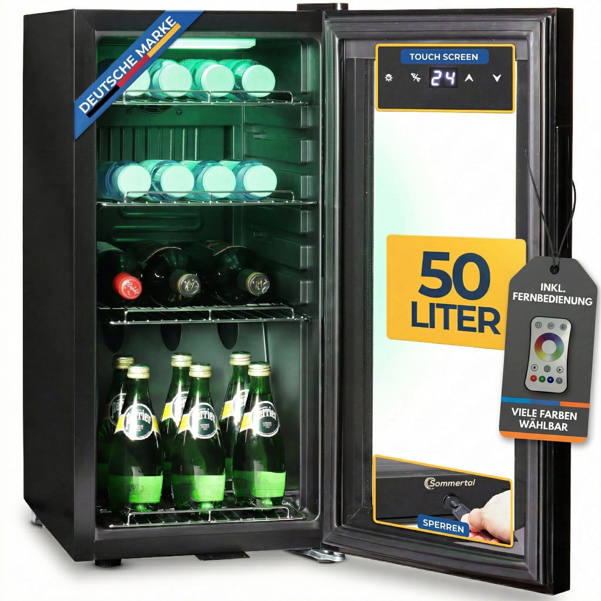 Sommertal K&uuml;hlschrank GK 50&ndash; Leiser Getr&auml;nkek&uuml;hlschrank ohne Gefrierfach mit RGB LED, Touchscreen & Schloss kleiner Flaschenk&uuml;hlschrank schwarz 50L 