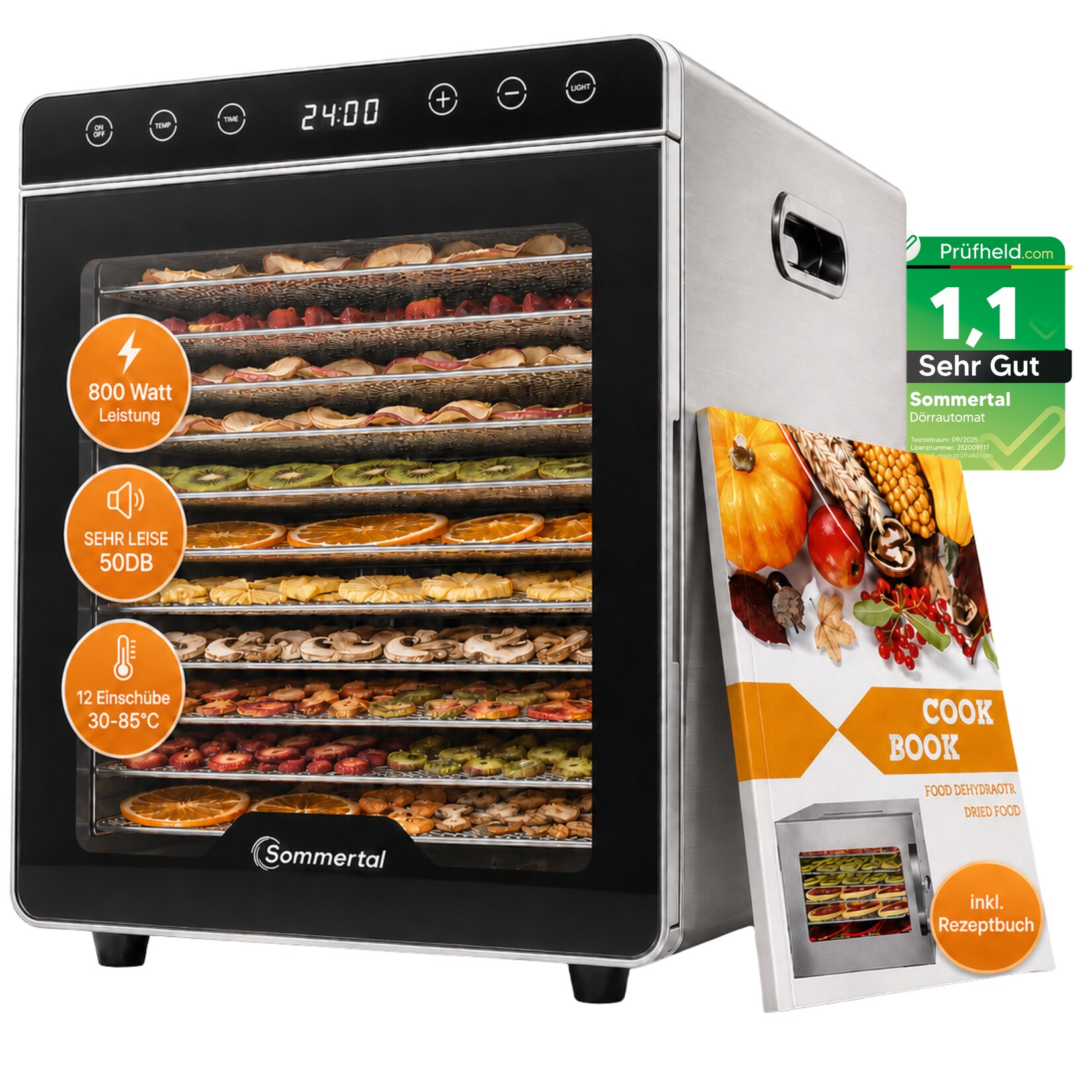 Dörrautomat Silence 800   12 Einschübe, 800W, 30–85°C & 24h Timer – Dörrgerät Edelstahl, Kräutertrockner & Dehydrator für Obst & Fleisch