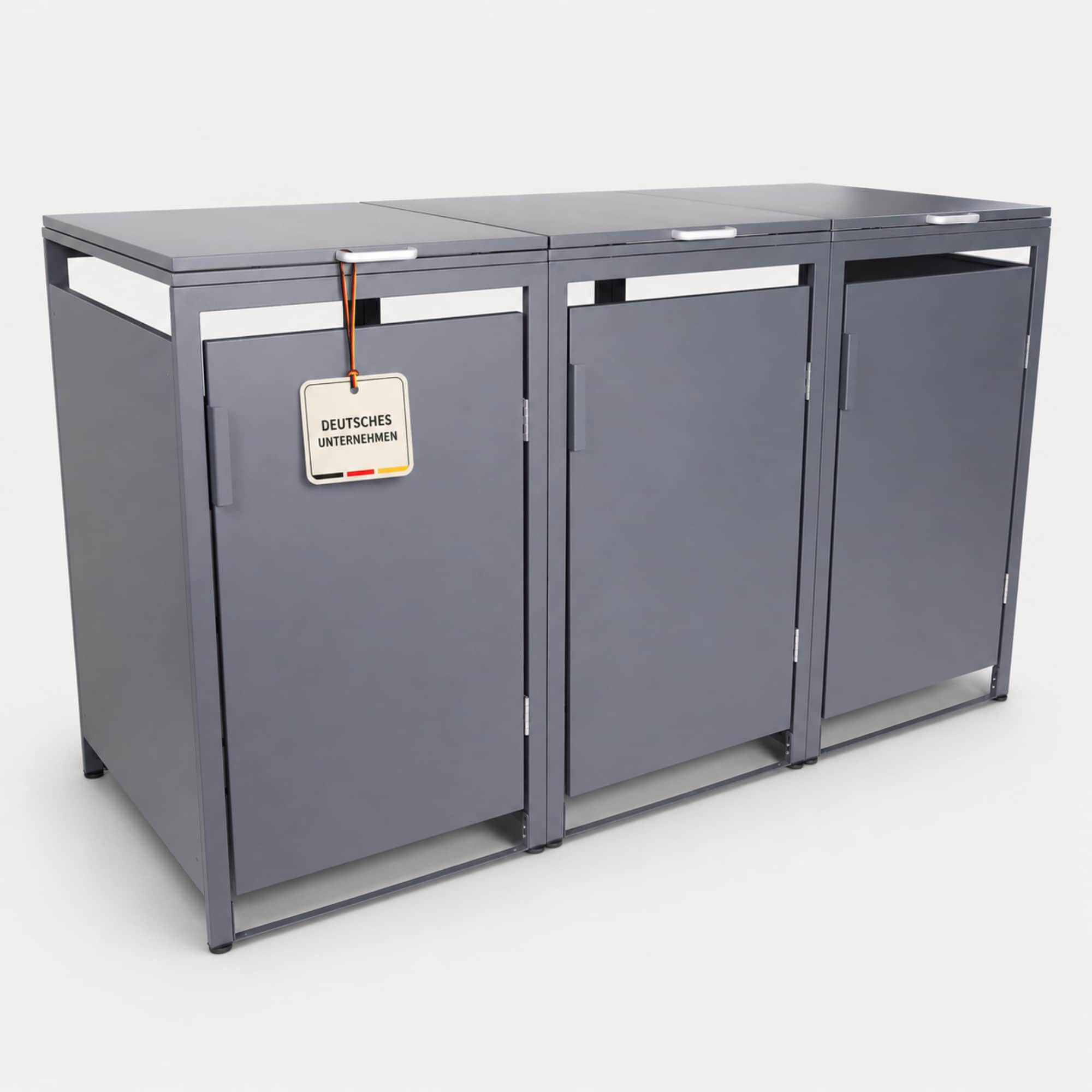 ALBATROS M&uuml;lltonnenbox 3er Hauswandversion, 120L bis 240L, f&uuml;r Drei Tonnen, verzinktes Metall RAL7016 Anthrazit, offene R&uuml;ckseite, bessere Bel&uuml;ftung, wetterfest, ISO9227, verstellbare F&uuml;&szlig;e 