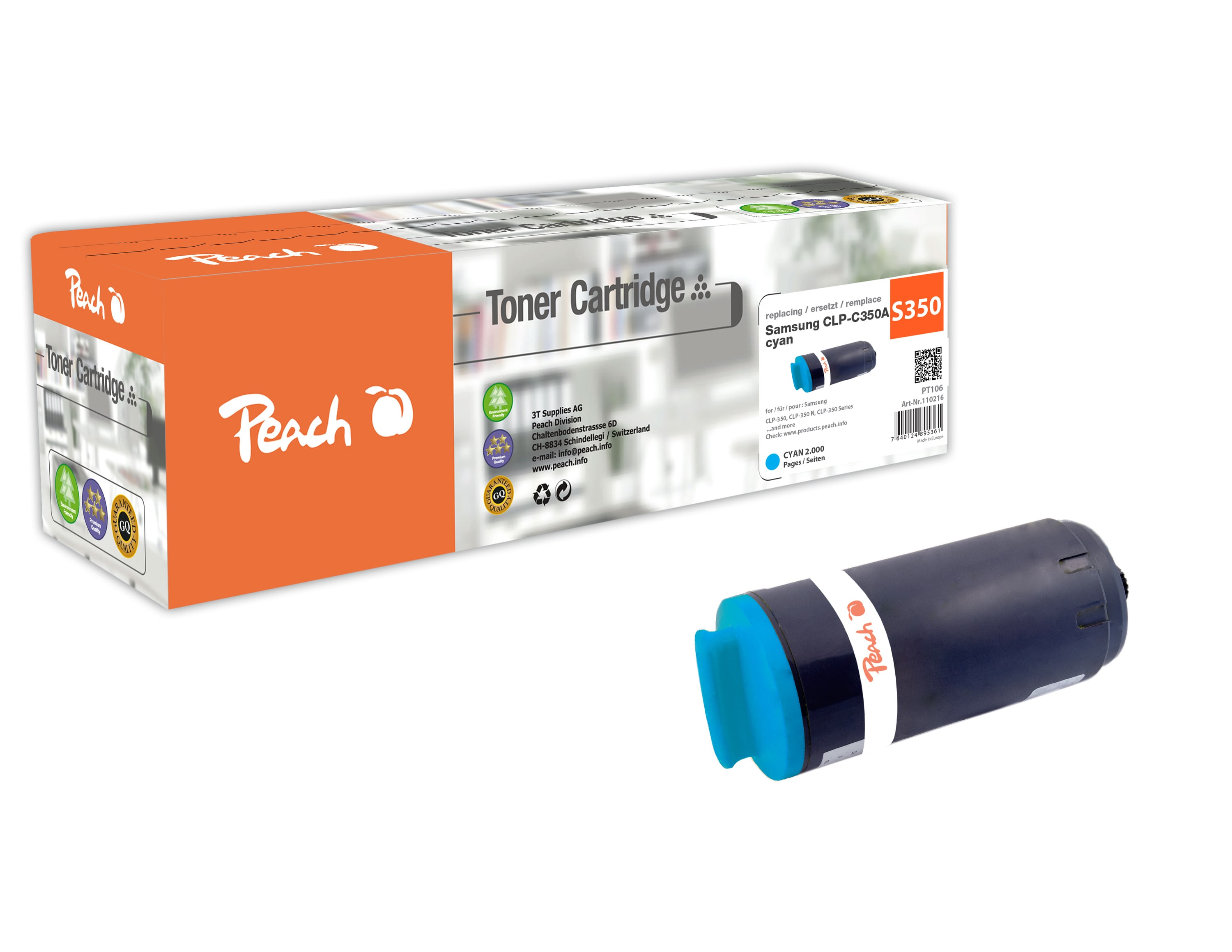 Peach S350  Toner cy ersetzt Samsung CLP-C350A/ELS f&uuml;r z.B. Samsung CLP -350, Samsung CLP -350 N (wiederaufbereitet) - Bild 1