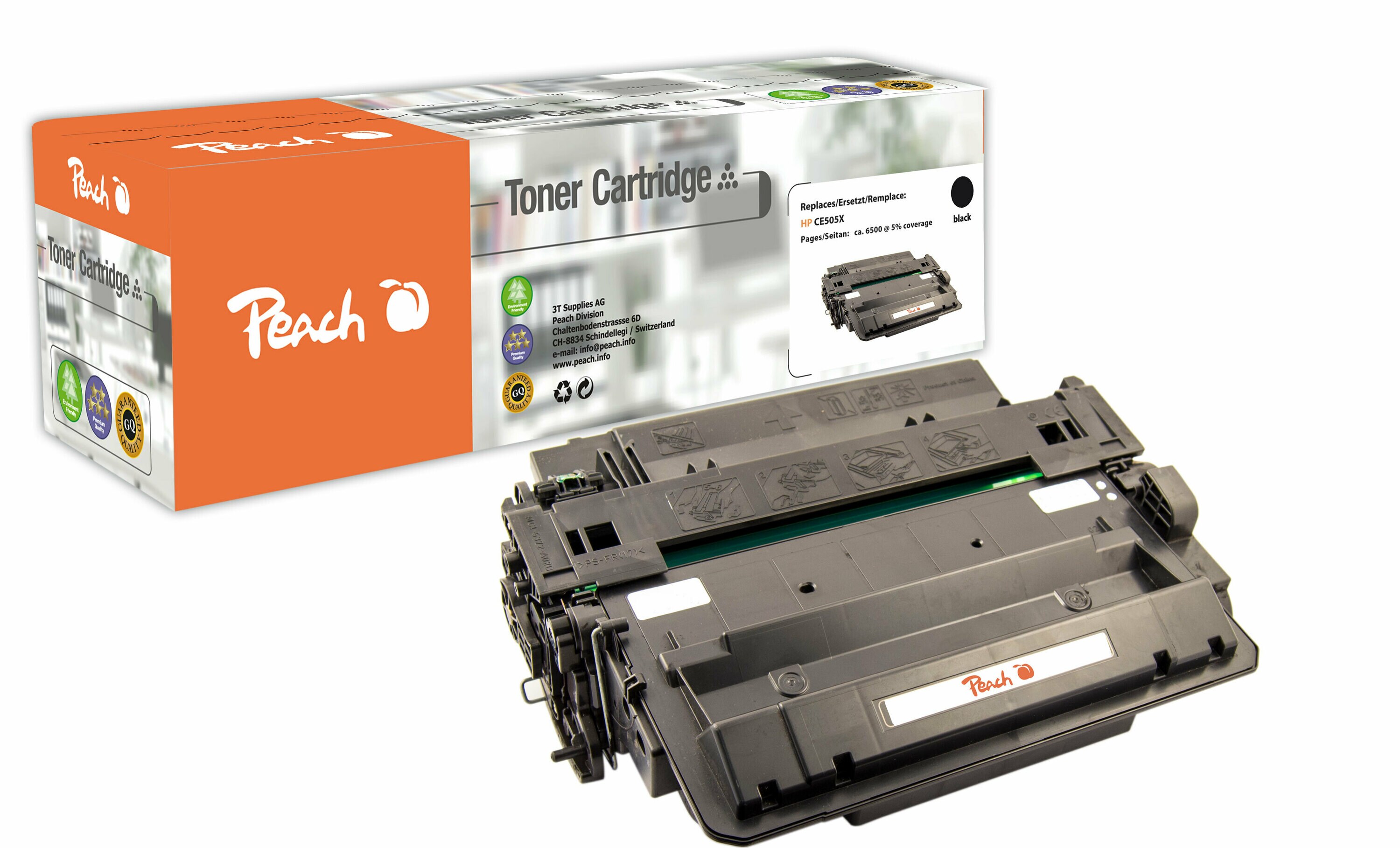 Peach HP 05 XBK Toner bk ersetzt HP No. 05X BK, CE505X f&uuml;r z.B. HP LaserJet P 2055 DN, HP LaserJet P 2050, HP LaserJet P 2053 D, HP LaserJet P 2055 (wiederaufbereitet) - Bild 1