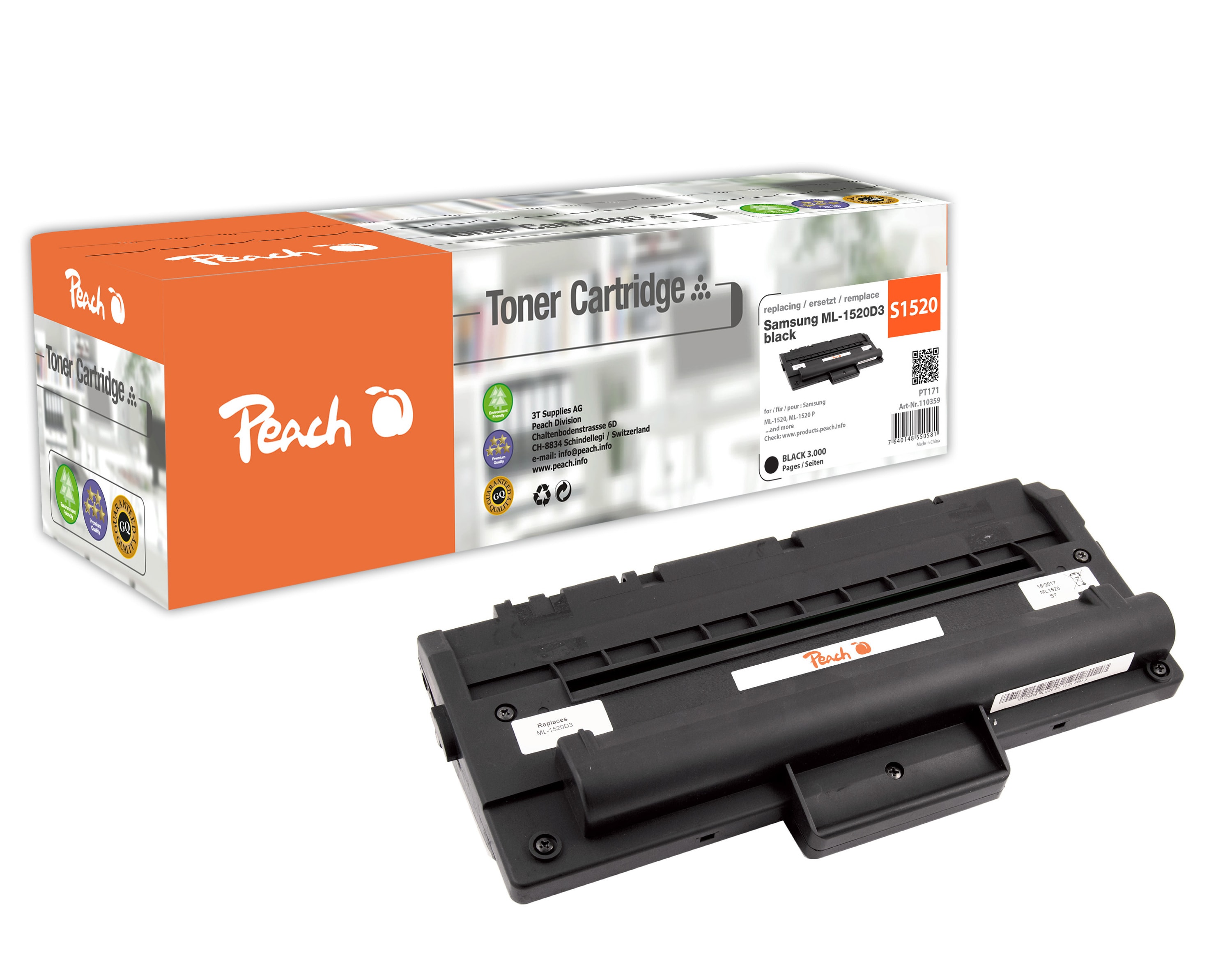 Peach S1520  Toner bk ersetzt Samsung ML-1520D3, ML-1520A/ELS f&uuml;r z.B. Samsung ML -1520, Samsung ML -1520 P (wiederaufbereitet) - Bild 1