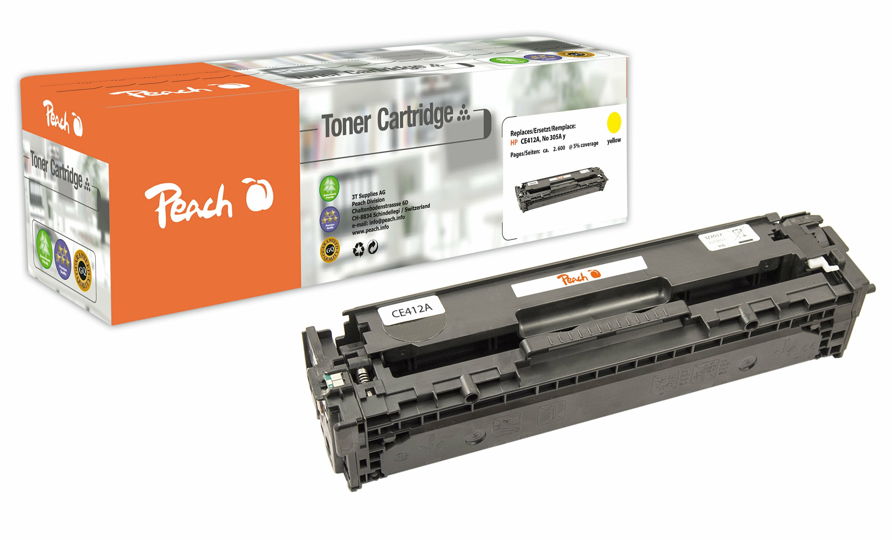 Peach HP 305 AY Toner ye ersetzt HP No. 305A Y, CE412A f&uuml;r z.B. HP LaserJet Pro 300 color M 351 A, HP LaserJet Pro 300 color MFP M 375 nw (wiederaufbereitet) - Bild 1
