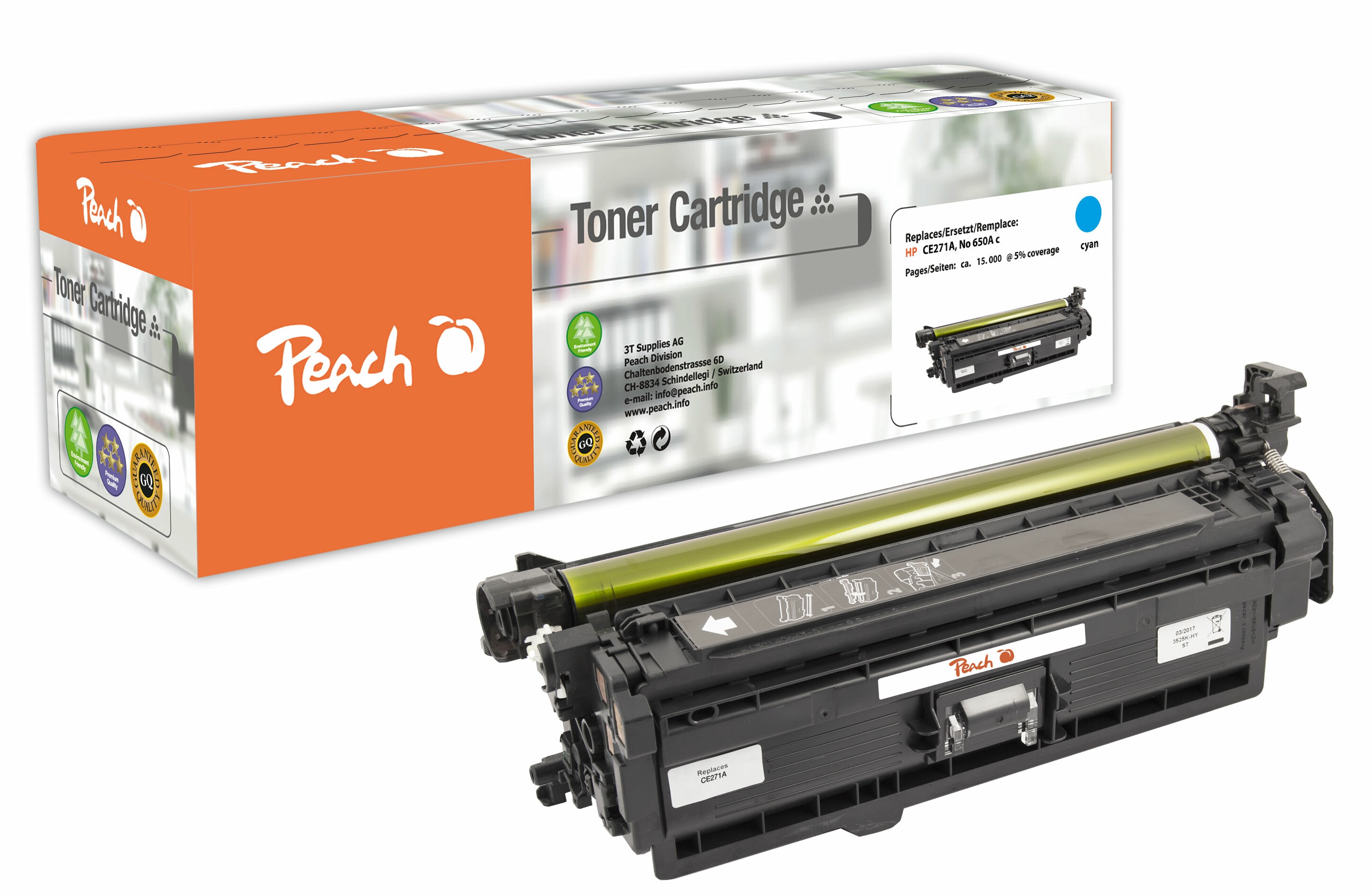 Peach HP 650 AC Toner cy ersetzt HP No. 650A C, CE271A f&uuml;r z.B. HP Color LaserJet Enterprise CP 5500, HP Color LaserJet Enterprise CP 5520 (wiederaufbereitet) - Bild 1
