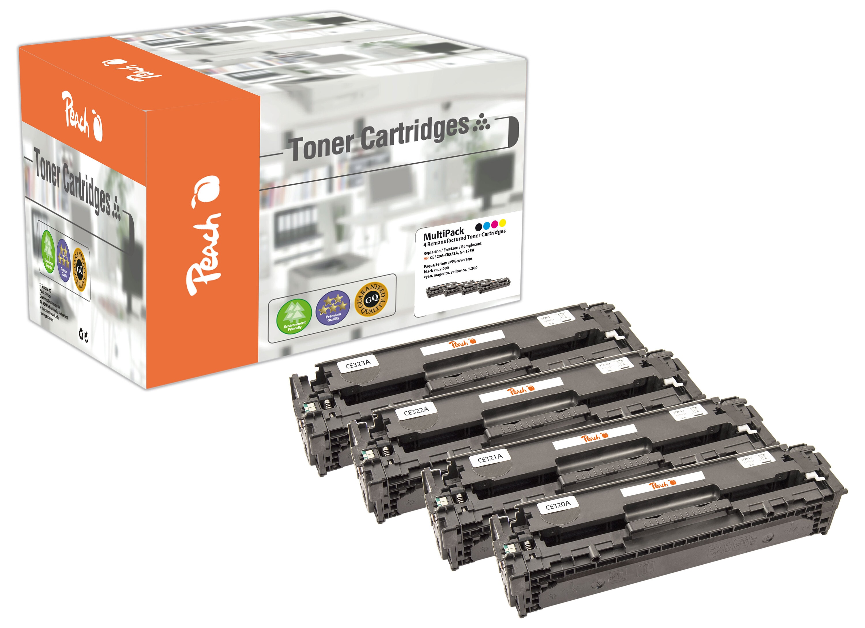Peach HP 128 A 4 Toner (bk, c/m/y) ersetzt HP No. 128A, CE320A, CE321A, CE322A, CE323A f&uuml;r z.B. HP LaserJet CP 1500, HP LaserJet CP 1525 (wiederaufbereitet) - Bild 1