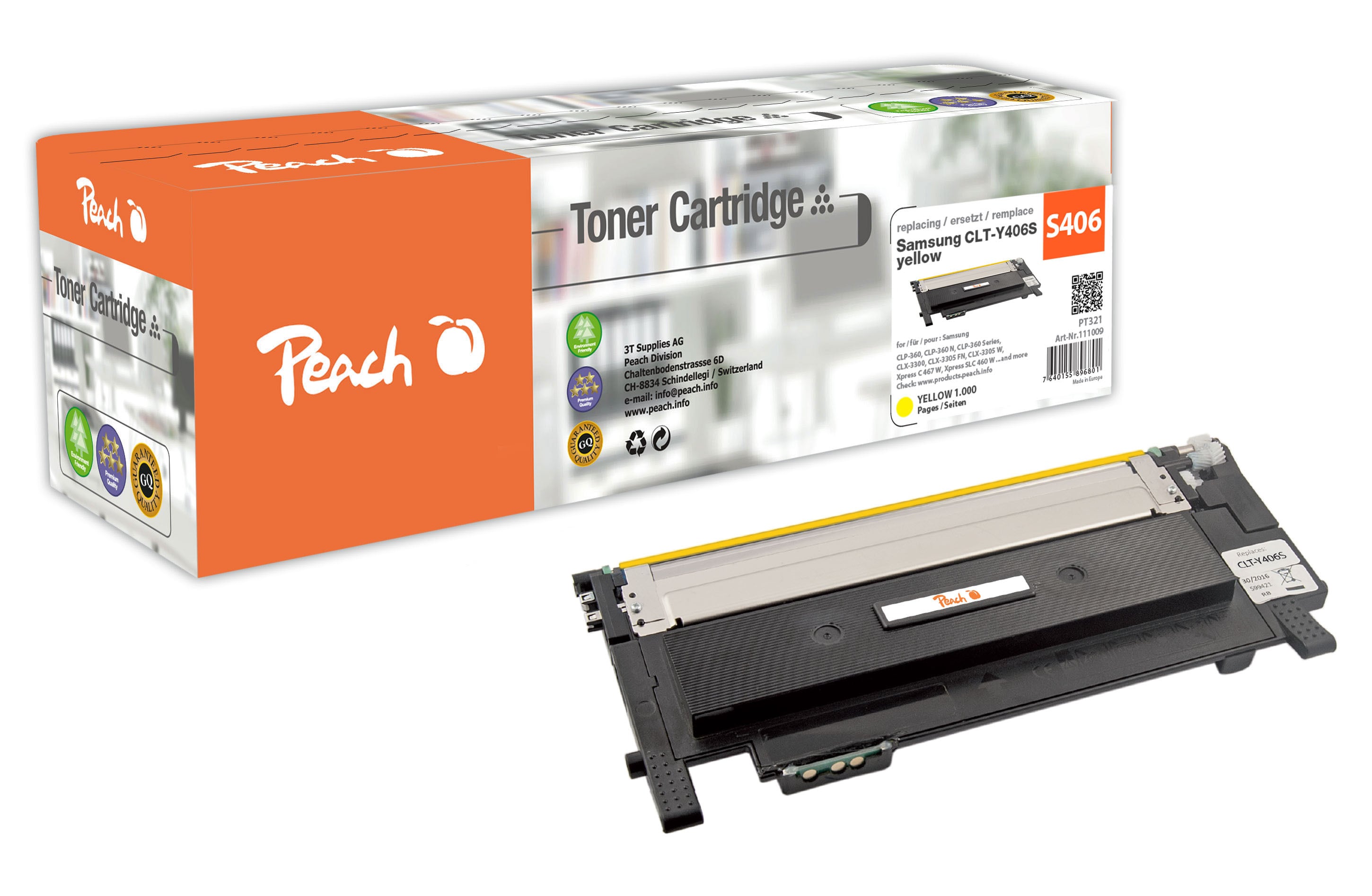 Peach S406  Toner ye ersetzt Samsung CLT-Y406S/ELS, SU462A f&uuml;r z.B. Samsung SLC 460 W, Samsung CLP -360, Samsung CLP -360 N, Samsung CLP -360 ND (wiederaufbereitet) - Bild 1