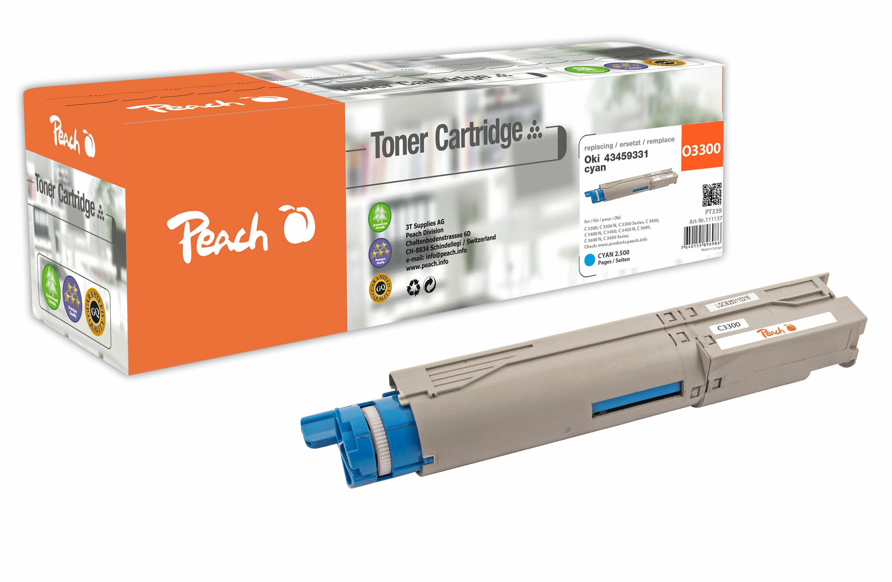 Peach O4345/46 Toner cy ersetzt OKI 43459331 f&uuml;r z.B. OKI C 3300, OKI C 3300 N, OKI C 3400, OKI C 3400 N, OKI C 3450, OKI C 3450 N, OKI C 3600 (wiederaufbereitet) - Bild 1