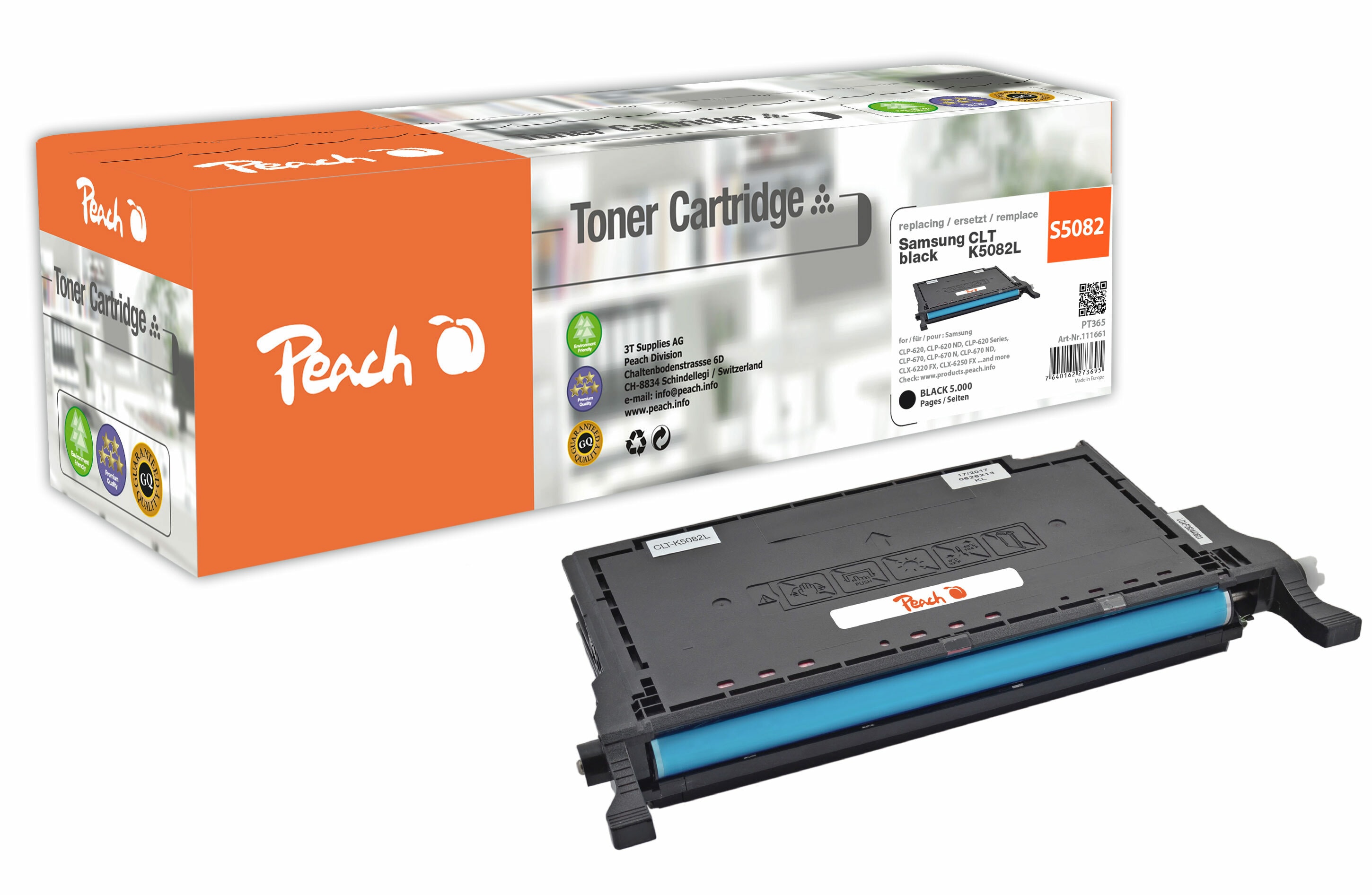 Peach S5082  Toner XL bk ersetzt Samsung CLT-K5082L/ELS, SU188A f&uuml;r z.B. Samsung CLP -620, Samsung CLP -620 ND, Samsung CLP -670 (wiederaufbereitet) - Bild 1