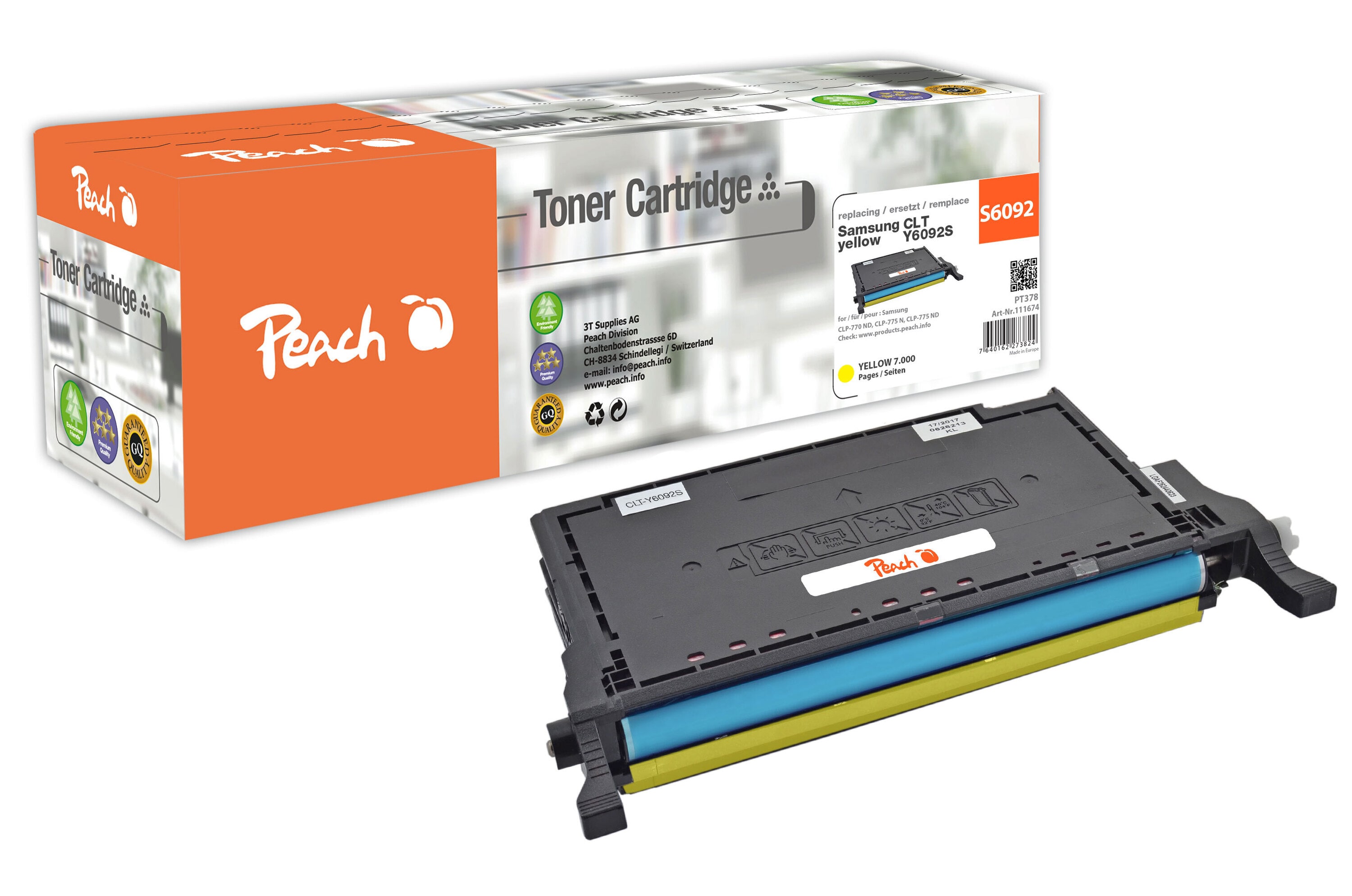 Peach S609  Toner ye ersetzt Samsung CLT-Y6092S/ELS, SU559A f&uuml;r z.B. Samsung CLP -770 ND, Samsung CLP -775 ND, Samsung CLP -775 N (wiederaufbereitet) - Bild 1