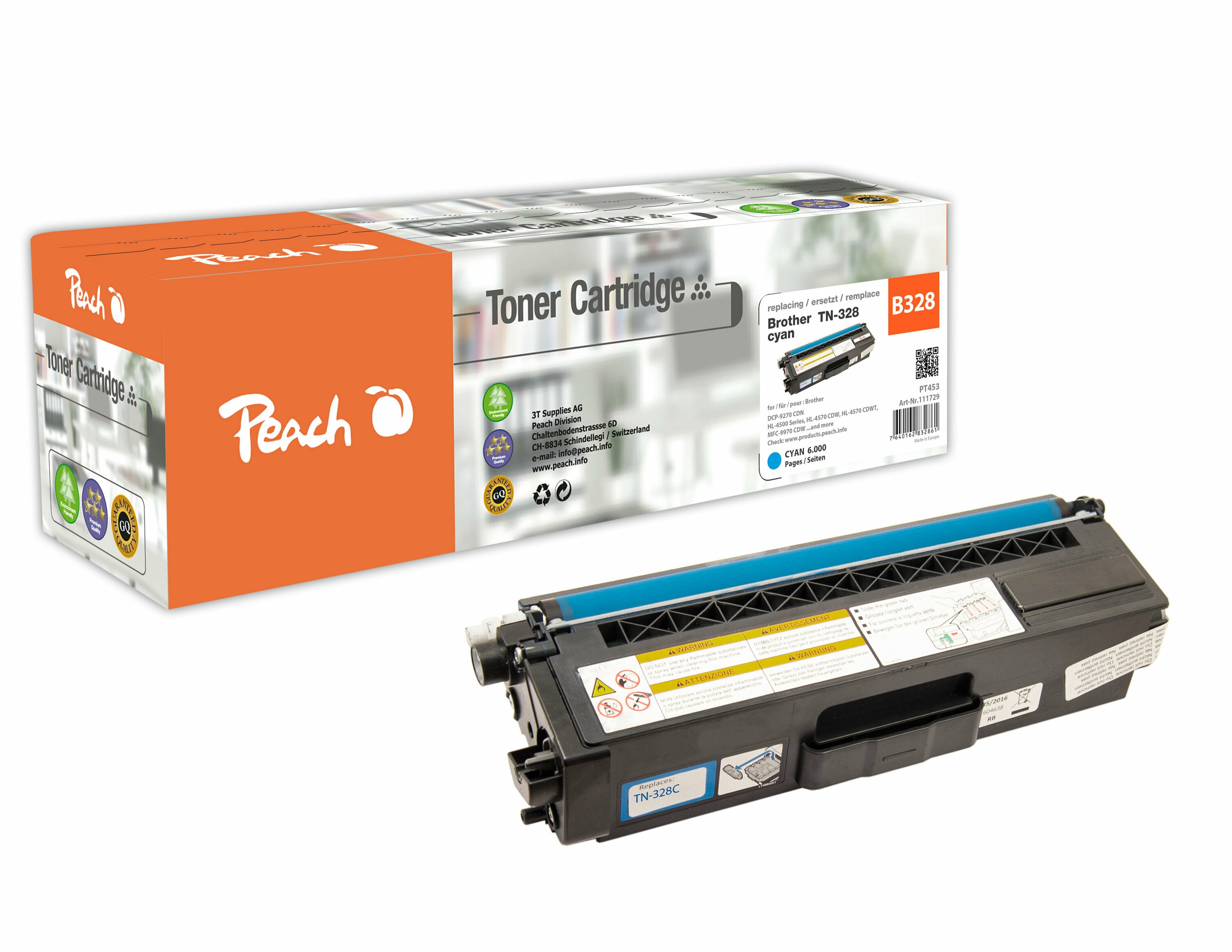 Peach B328 C Toner XL cy ersetzt Brother TN-328C f&uuml;r z.B. Brother DCP -9270 CDN, Brother HL -4500, Brother HL -4570 CDW, Brother HL -4570 CDWT (wiederaufbereitet) - Bild 1