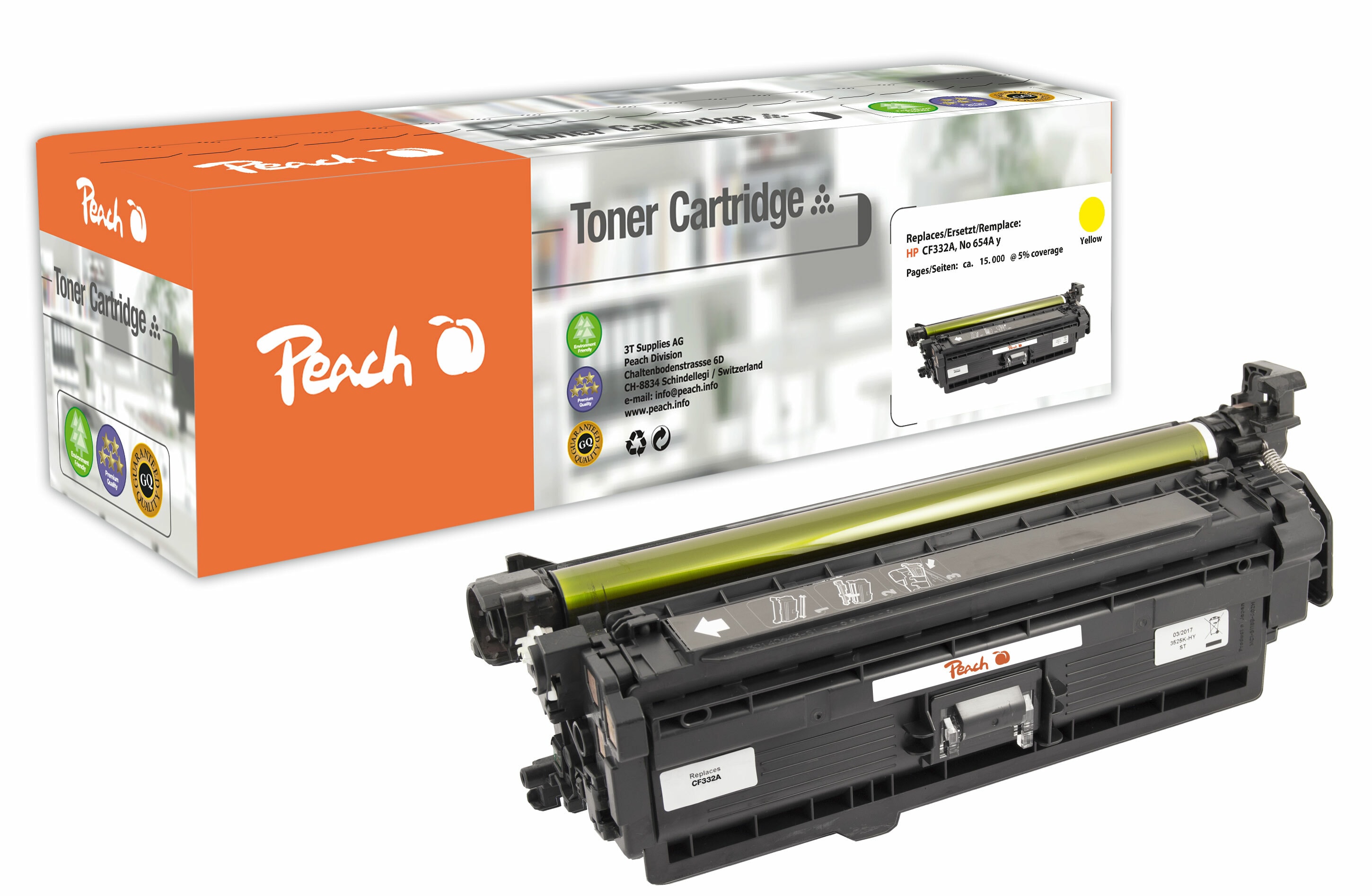 Peach HP 654 AY Toner ye ersetzt HP No. 654A Y, CF332A f&uuml;r z.B. HP Color LaserJet Enterprise M 651 dn, HP Color LaserJet Enterprise M 651 n (wiederaufbereitet) - Bild 1