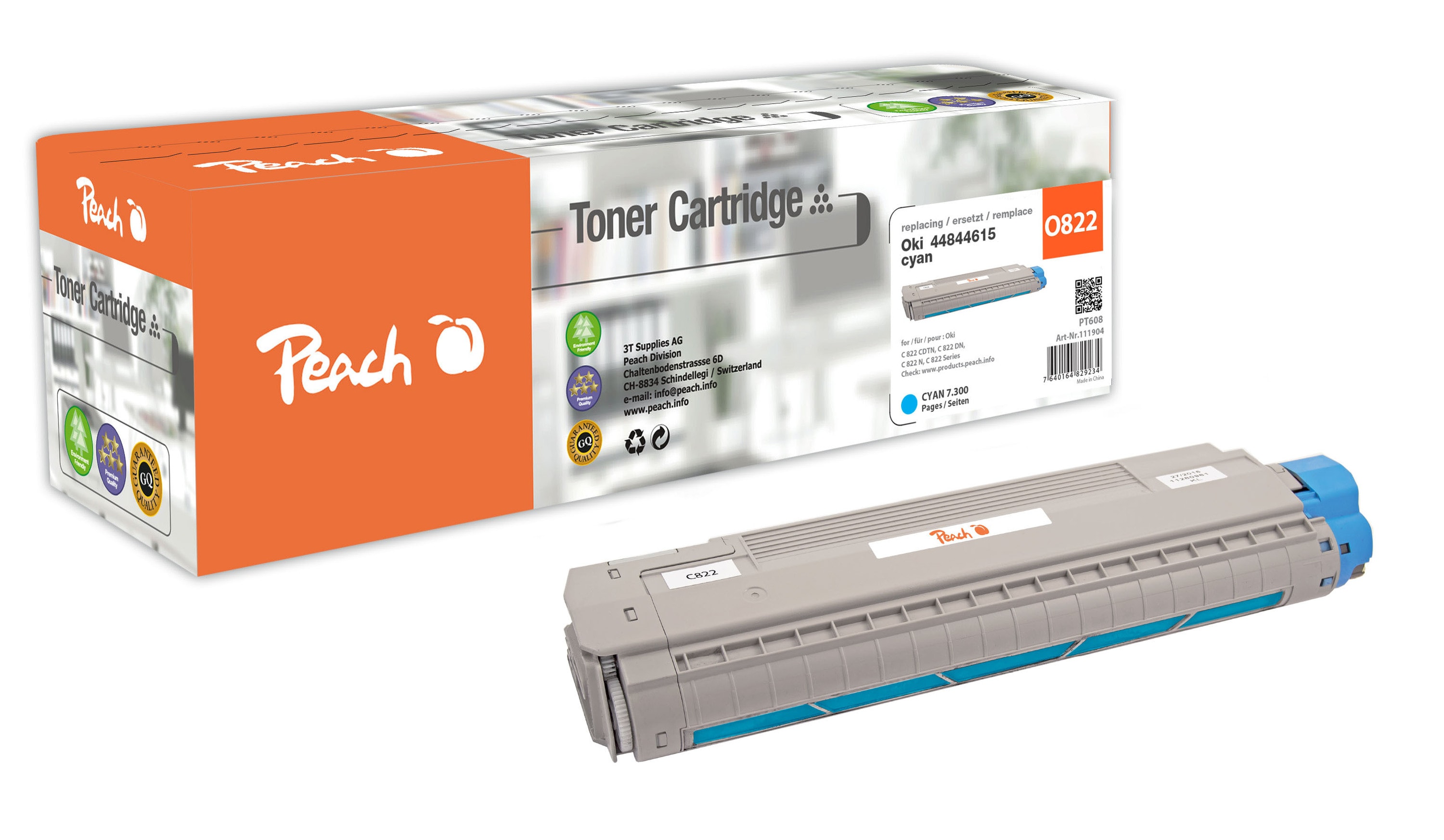 Peach O4484  Toner cy ersetzt OKI 44844615 f&uuml;r z.B. OKI C 822 CDTN, OKI C 822 DN, OKI C 822 N, OKI C 822 (wiederaufbereitet) - Bild 1