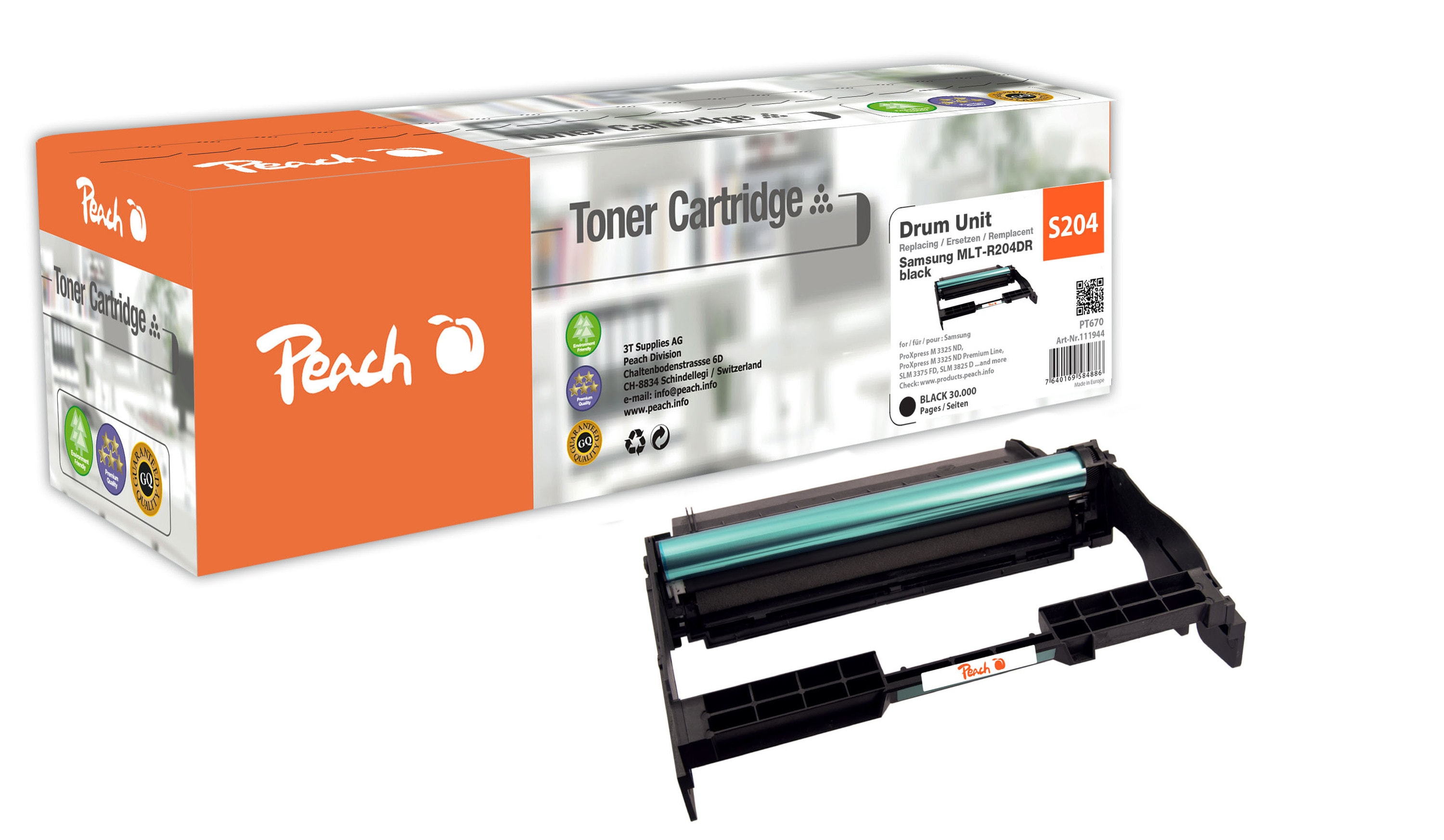 Peach S204  Trommeleinheit bk ersetzt Samsung MLT-R204, SV140A f&uuml;r z.B. Samsung ProXpress M 3325 ND, Samsung ProXpress M 3325 ND Premium Line (wiederaufbereitet) - Bild 1