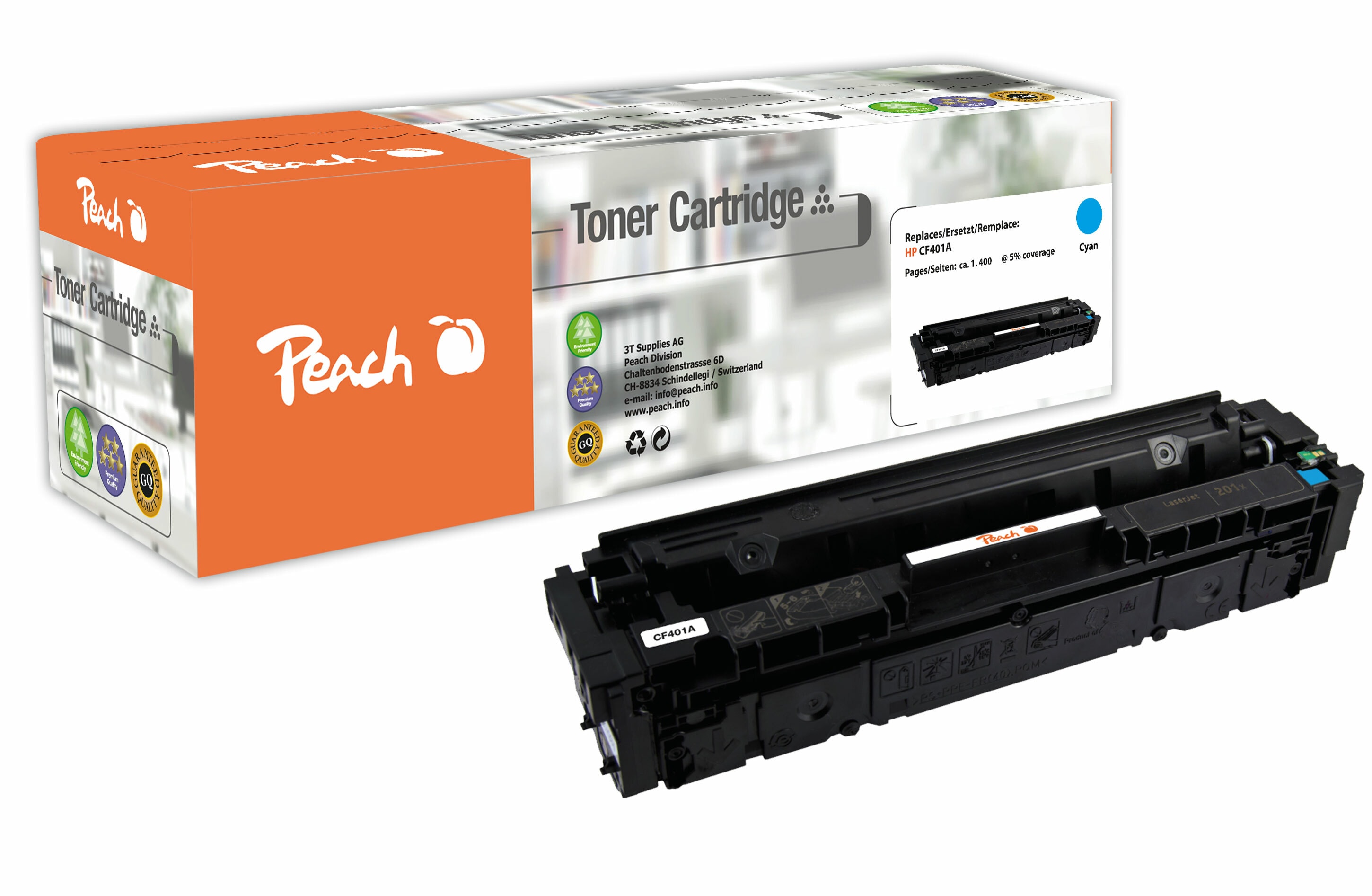 Peach HP 201 AC Toner cy ersetzt HP No. 201A C, CF401A f&uuml;r z.B. HP Color LaserJet Pro MFP M 277 dw, HP Color LaserJet Pro M 252 dw (wiederaufbereitet) - Bild 1