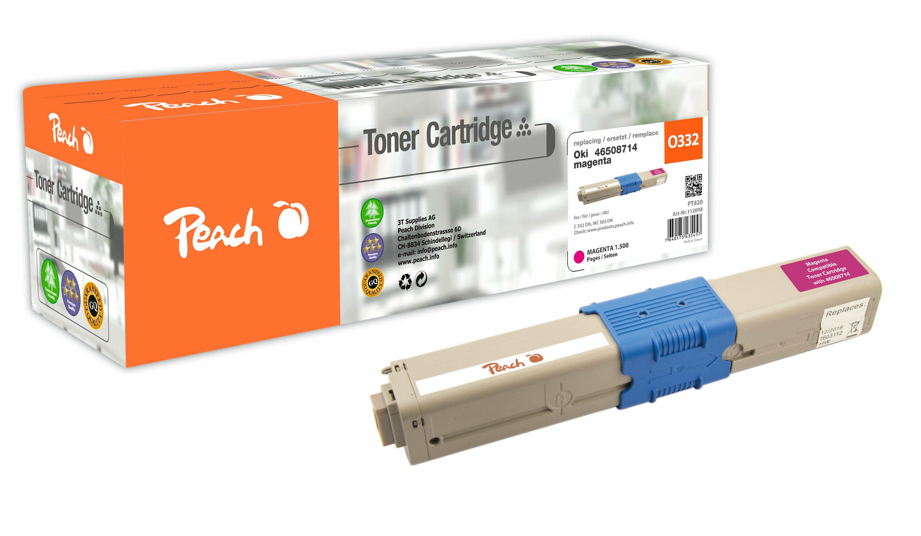 Peach O4650-87 Toner ma ersetzt OKI 46508714 f&uuml;r z.B. OKI MC 363 DN, OKI MC 363 DNW, OKI C 332 DN, OKI MC 363 N, OKI C 332 DNw (wiederaufbereitet) - Bild 1