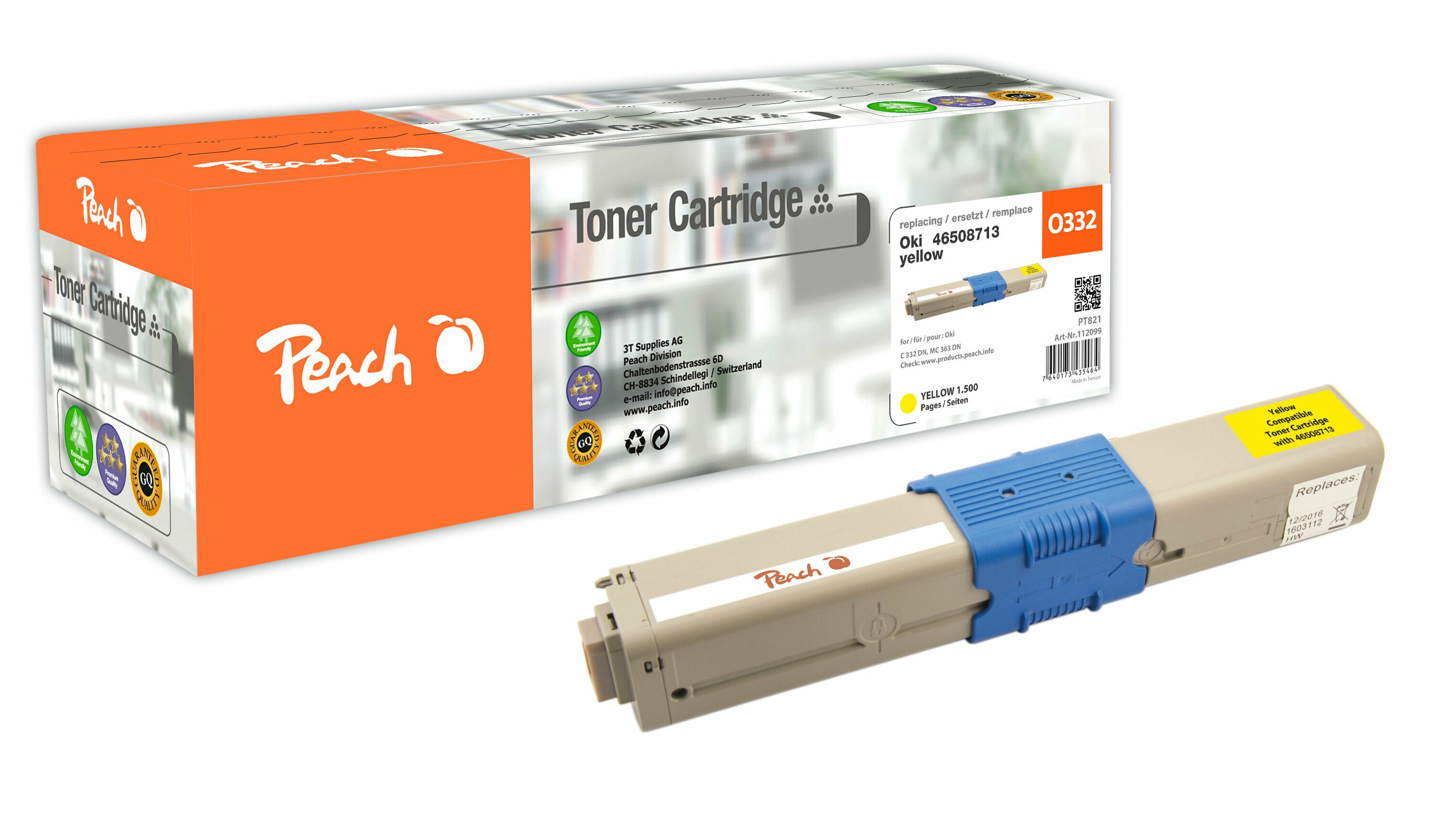 Peach O4650-87 Toner ye ersetzt OKI 46508713 f&uuml;r z.B. OKI MC 363 DN, OKI MC 363 DNW, OKI C 332 DN, OKI MC 363 N, OKI C 332 DNw (wiederaufbereitet) - Bild 1