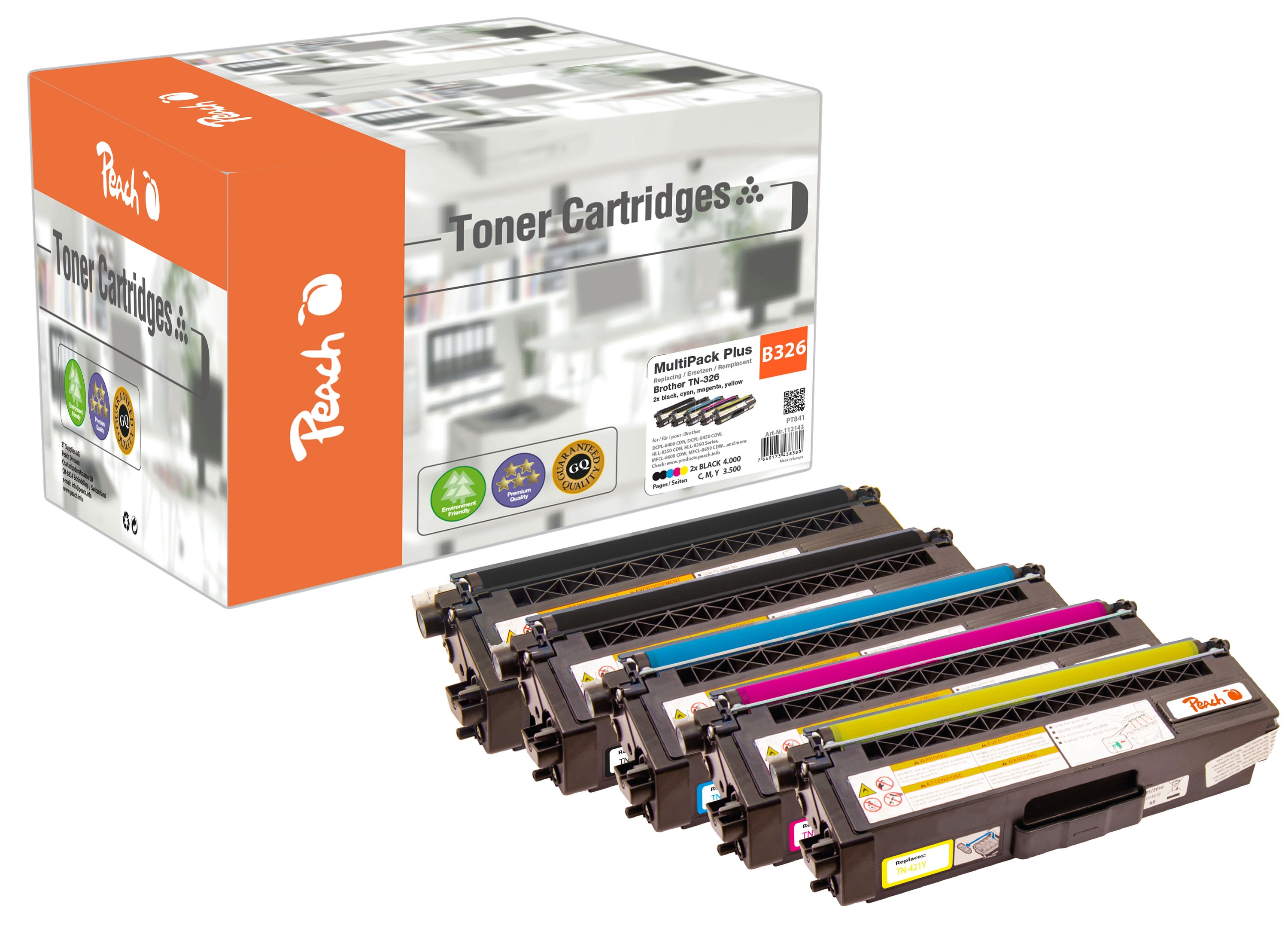 Peach B326  5 Toner XL (2*bk, c/m/y) ersetzt Brother TN-326 f&uuml;r z.B. Brother DCPL 8400 CDN, Brother DCPL 8450 CDW, Brother HLL 8250 CDN (wiederaufbereitet) - Bild 1
