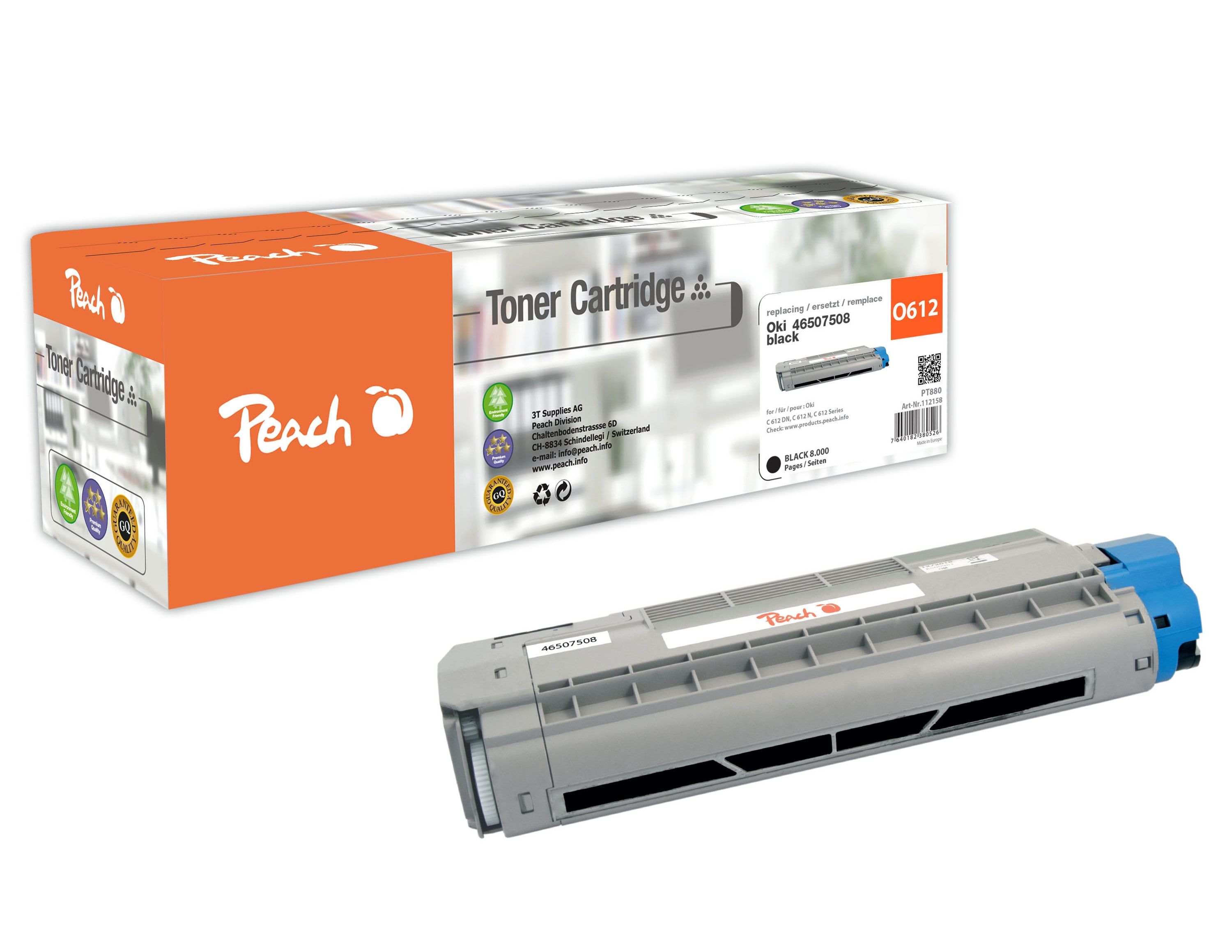 Peach O4650-75 Toner bk ersetzt OKI 46507508 f&uuml;r z.B. OKI C 612 DN, OKI C 612 N, OKI C 612 (wiederaufbereitet) - Bild 1