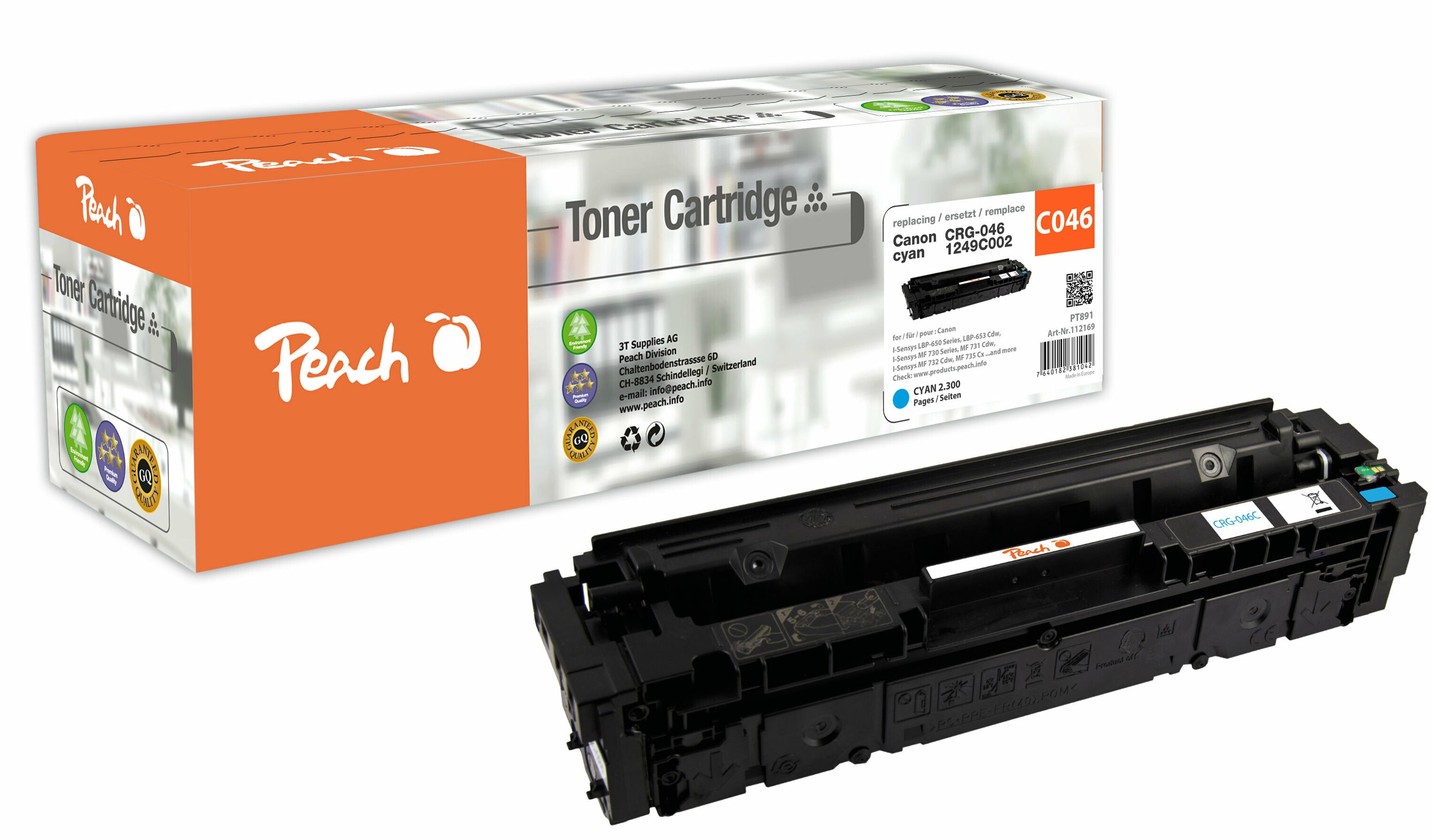 Peach HP 046 c Toner cy ersetzt Canon CRG-046 c, 1249C002 f&uuml;r z.B. Canon ISensys LBP -650, Canon ISensys LBP -653 Cdw, Canon ISensys LBP -654 Cdw (wiederaufbereitet) - Bild 1