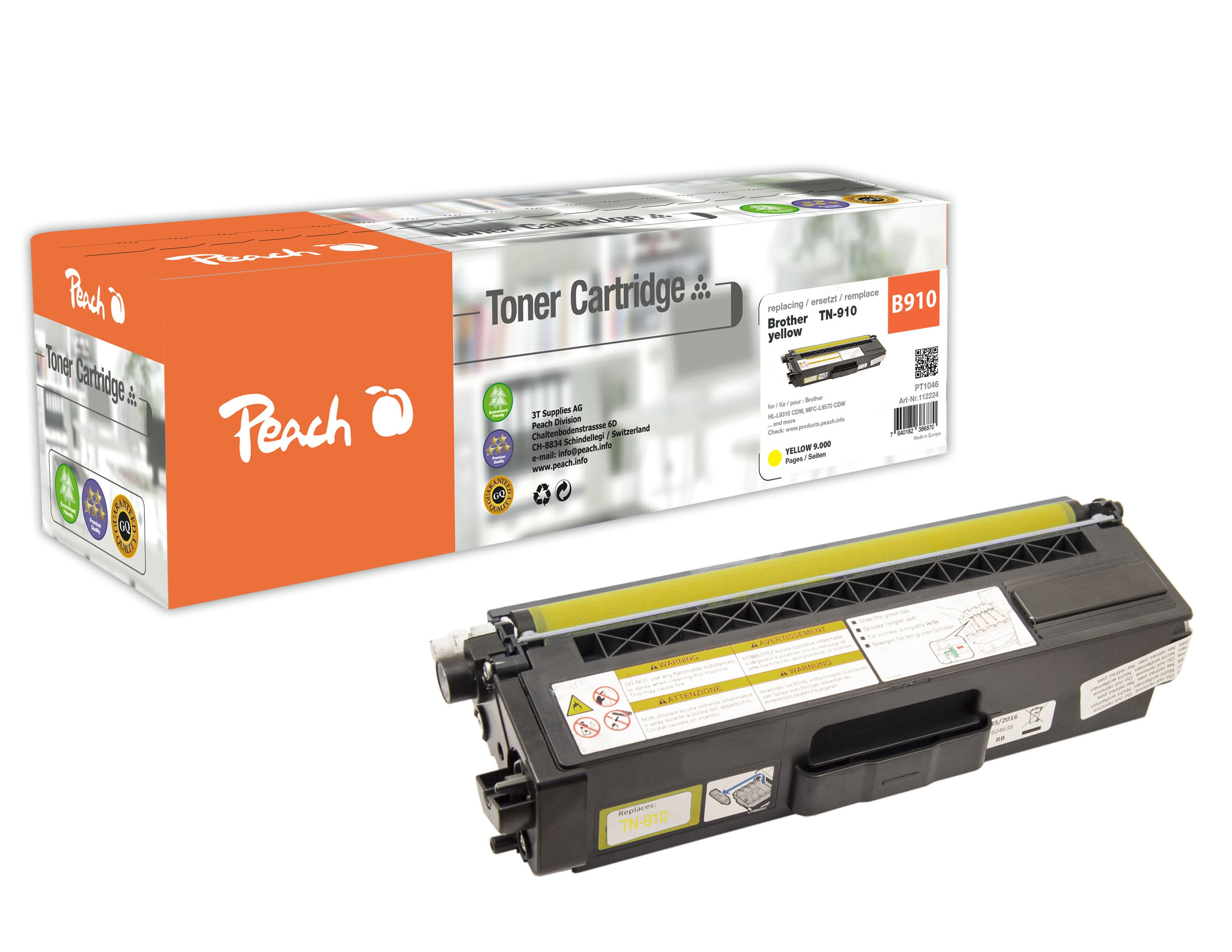 Peach B910 Y Toner ye ersetzt Brother TN-910Y f&uuml;r z.B. Brother HLL 9310 CDW, Brother HLL 9310 CDWT, Brother HLL 9310 CDWTT, Brother HLL 9310 (wiederaufbereitet) - Bild 1