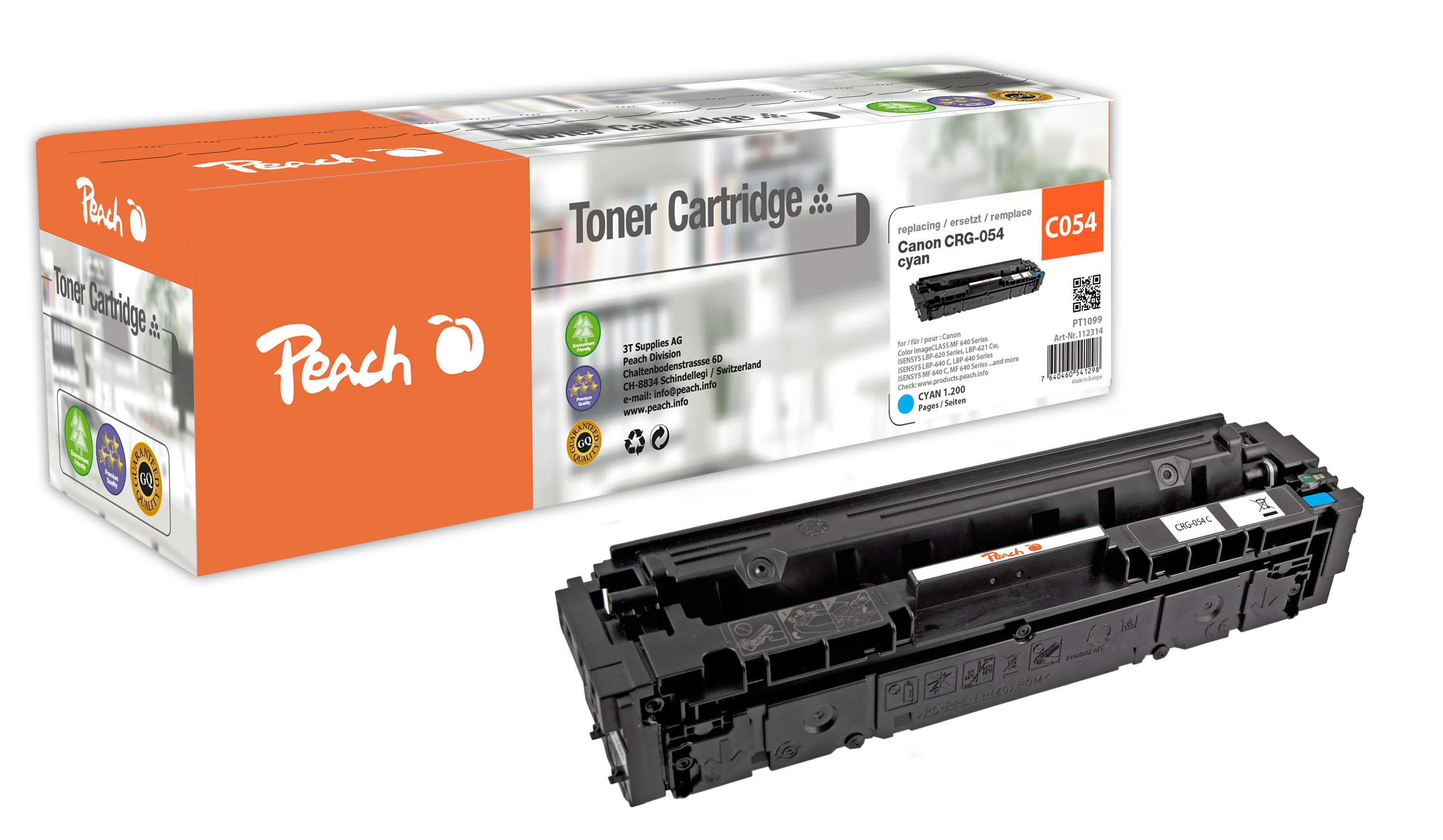 Peach HP 054 c Toner cy ersetzt Canon CRG-054 c, 3023C002 f&uuml;r z.B. Canon iSENSYS LBP -620, Canon iSENSYS LBP -621 Cw, Canon iSENSYS LBP -623 Cdw (wiederaufbereitet) - Bild 1