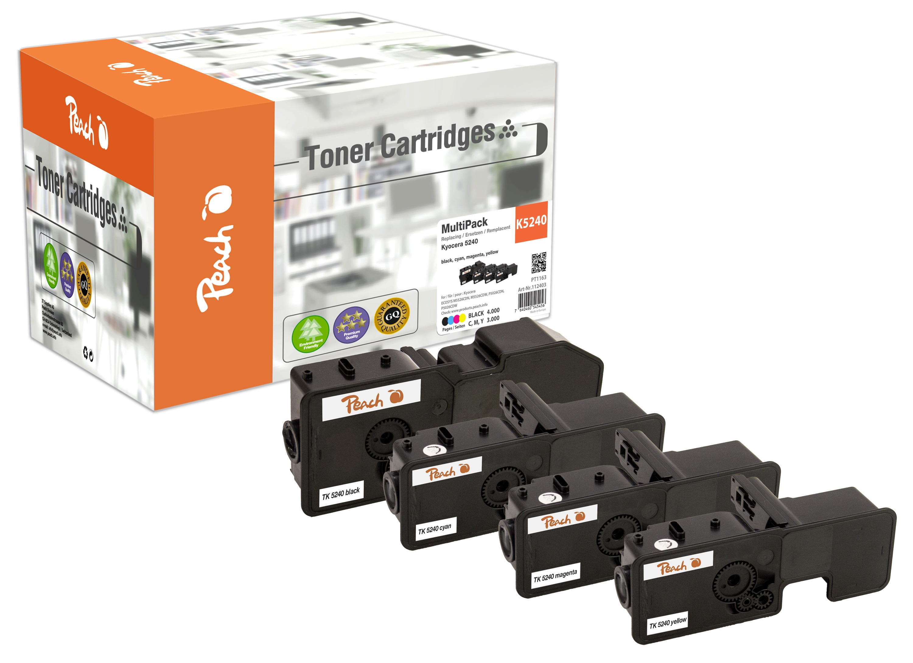 Peach K5240  4 Toner (bk, c/m/y) ersetzt Kyocera TK-5240 f&uuml;r z.B. Kyocera ECOSYS M 5526 cdn, Kyocera ECOSYS M 5526 cdw, Kyocera ECOSYS M 5526 - Bild 1
