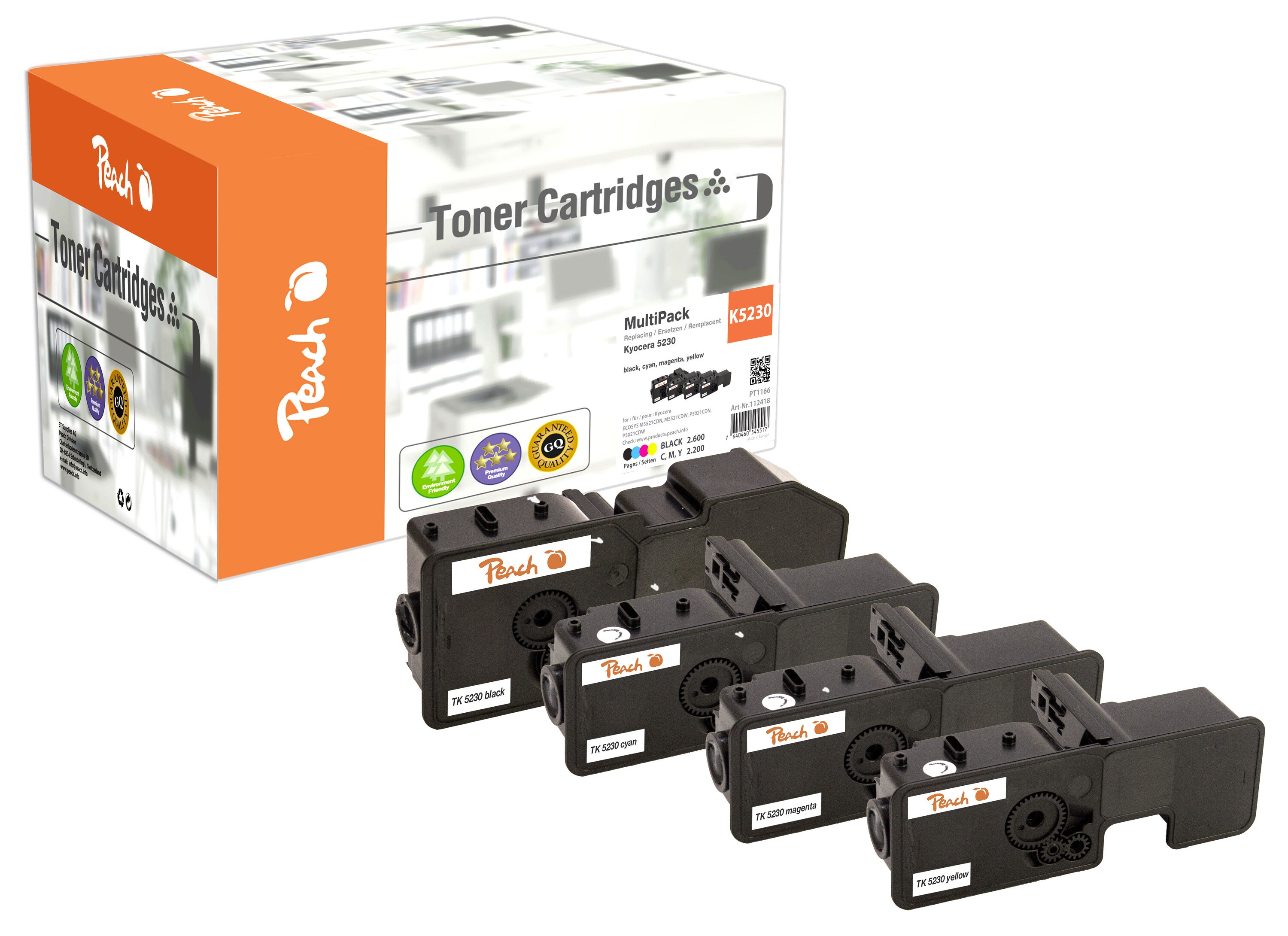 Peach K5230  4 Toner (bk, c/m/y) ersetzt Kyocera TK-5230 f&uuml;r z.B. Kyocera ECOSYS M 5521 cdn, Kyocera ECOSYS M 5521 cdw, Kyocera ECOSYS P 5021 - Bild 1