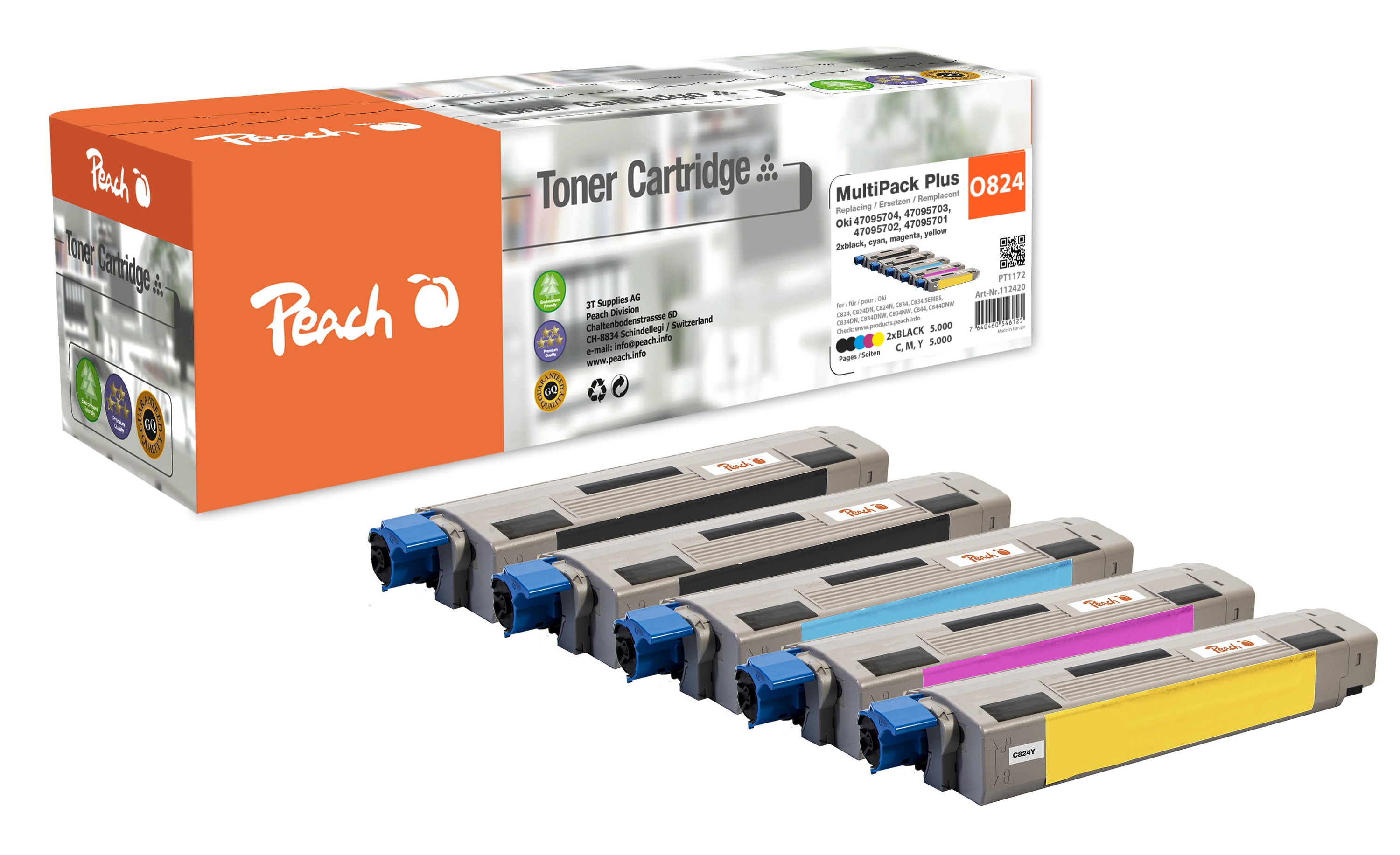 Peach O47095701-4 5 Toner (2*bk, c/m/y) ersetzt OKI No. 47095701-4 f&uuml;r z.B. OKI C 834 DN, OKI C 834, OKI C 824 dn, OKI C 824 n, OKI C 824 - Bild 1