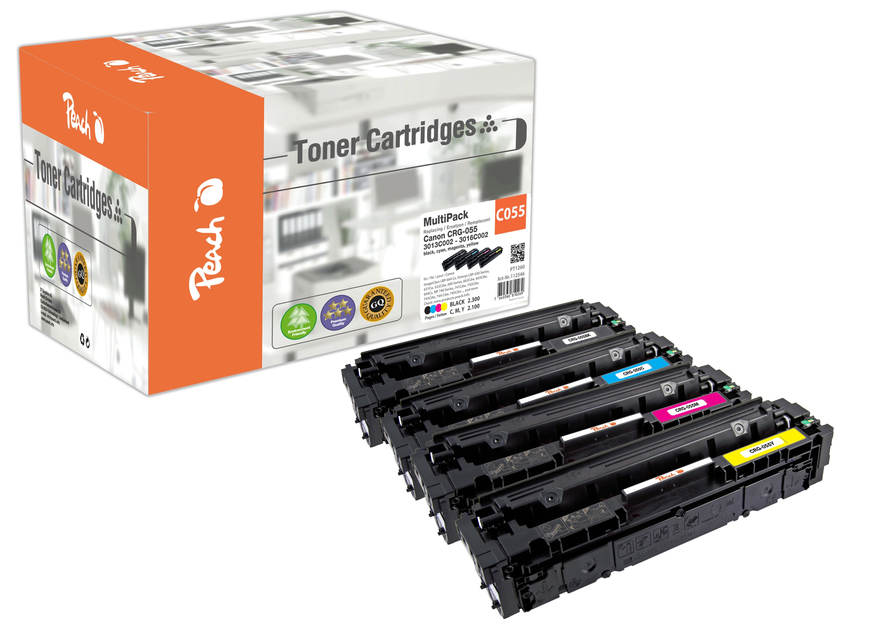 Peach HP 055  4 Toner (bk, c/m/y) ersetzt Canon CRG-055, 3016C002, 3015C002, 3014C002, 3013C002 f&uuml;r z.B. Canon iSENSYS MF 742 Cdw (wiederaufbereitet) - Bild 1