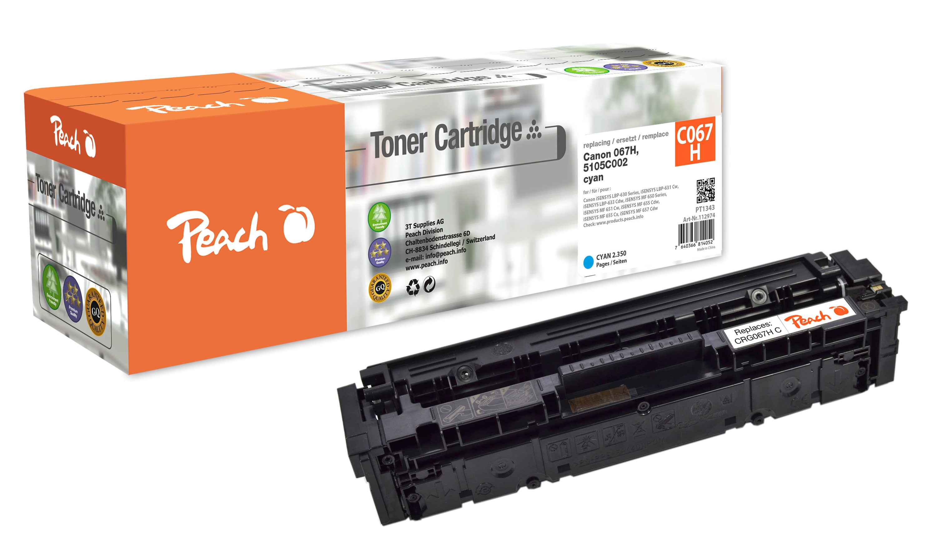Peach HP 207-W2210/1/2/3-C067 Toner XL cy ersetzt Canon 067H c, 5105C002 f&uuml;r z.B. Canon iSENSYS MF 650, Canon iSENSYS MF 651 Cw (wiederaufbereitet) - Bild 1