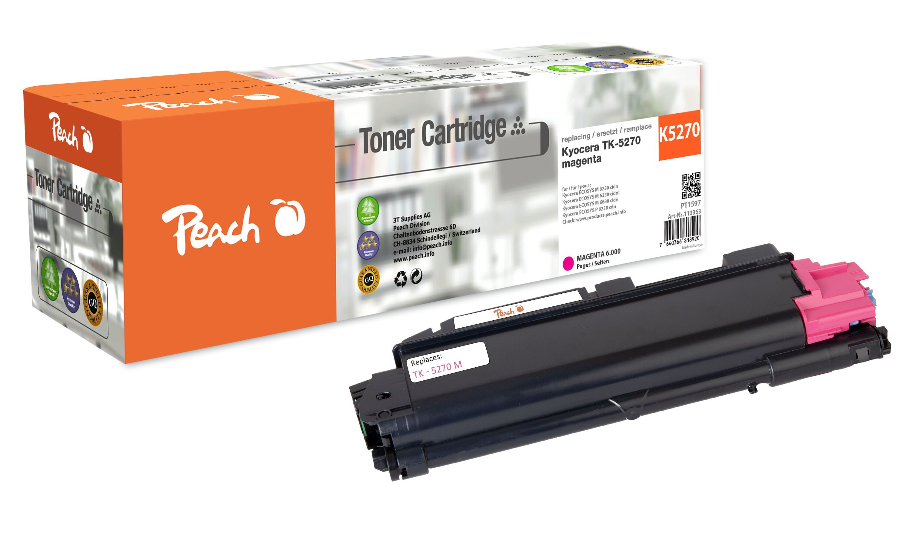 Peach K5270 M Toner ma ersetzt Kyocera TK-5270M f&uuml;r z.B. Kyocera ECOSYS M 6230 cidn, Kyocera ECOSYS M 6230 cidnt, Kyocera ECOSYS M 6630 cidn (wiederaufbereitet) - Bild 1