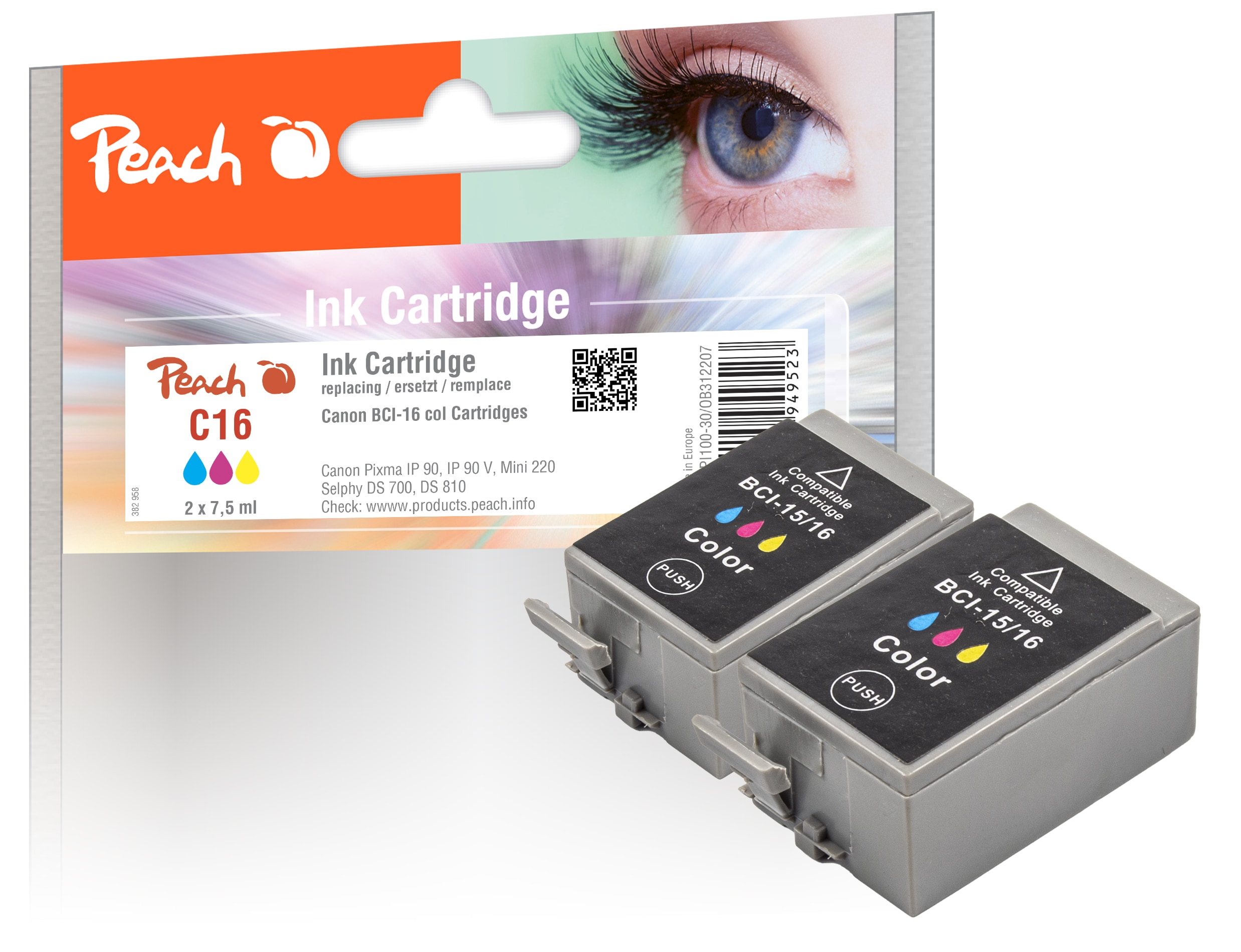 Peach C16 C 2 Druckerpatronen col ersetzt Canon BCI-16C, 9818A002 f&uuml;r z.B. Canon Pixma IP 90, Canon Pixma IP 90 V, Canon Pixma Mini 220 - Bild 1