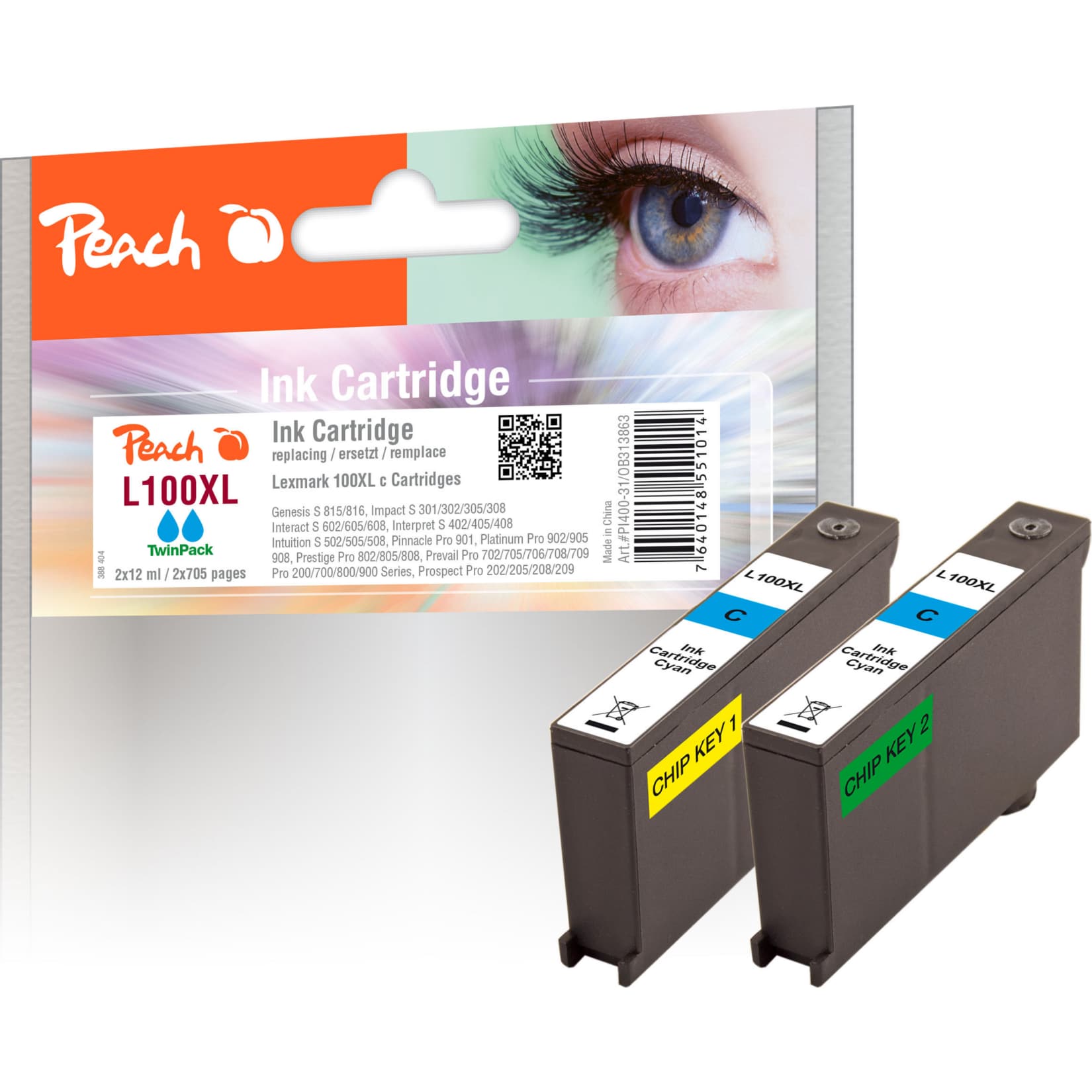Peach L100 XLC Doppelpack 2 Druckerpatronen XL 2*cy ersetzt Lexmark No. 100XLC*2, 14N1069E, 14N1093 f&uuml;r z.B. Lexmark Genesis S 810, Lexmark Pro 200 (wiederaufbereitet) - Bild 1