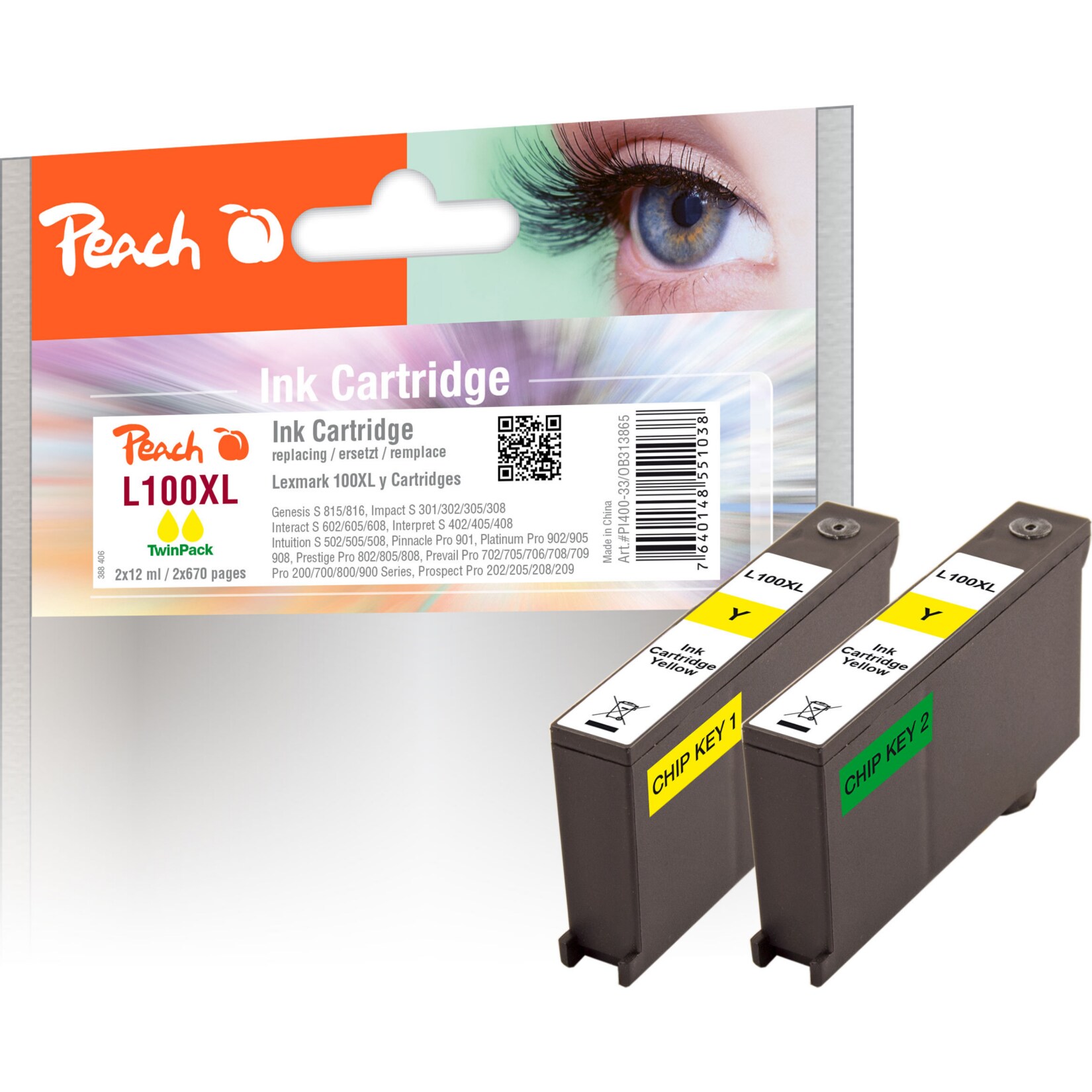 Peach L100 XLY Doppelpack 2 Druckerpatronen XL 2*ye ersetzt Lexmark No. 100XLY*2, 14N1071E, 14N1095 f&uuml;r z.B. Lexmark Genesis S 810, Lexmark Pro 200 (wiederaufbereitet) - Bild 1