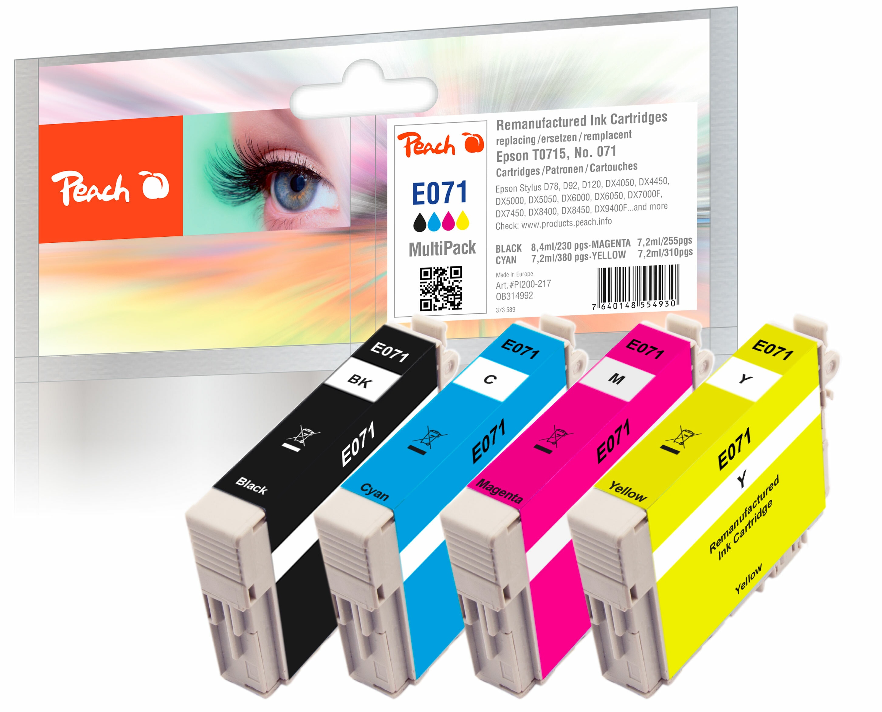 Peach E715  4 Druckerpatronen XL (bk, c/m/y) ersetzt Epson T0715, C13T07154010 f&uuml;r z.B. Epson Stylus SX 510 W, Epson Stylus D 120, Epson Stylus D 78 (wiederaufbereitet) - Bild 1