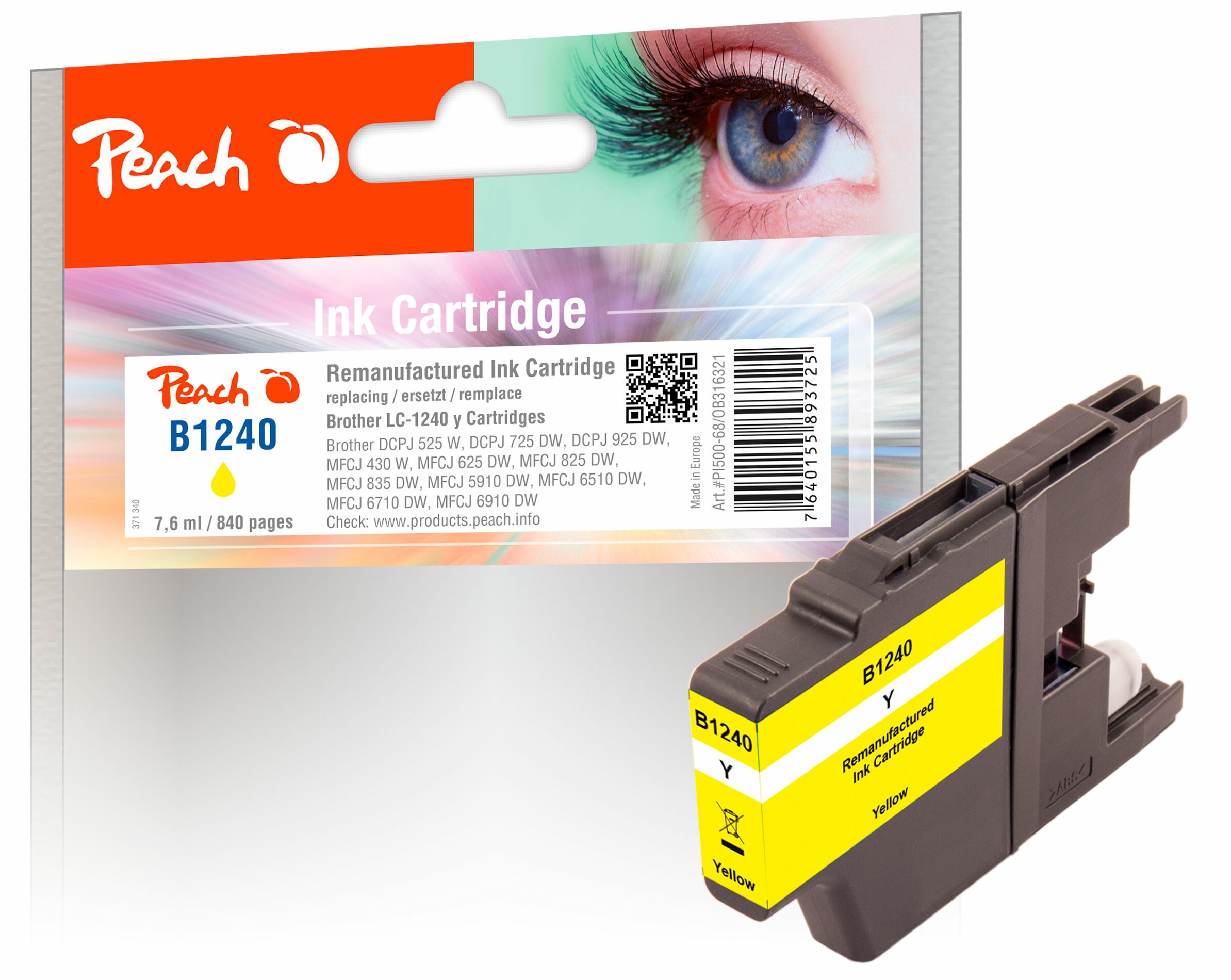 Peach B1240 Y Druckerpatrone XL ye ersetzt Brother LC-1240Y f&uuml;r z.B. Brother DCPJ 725 DW, Brother MFCJ 430 W, Brother MFCJ 5910 DW, Brother DCPJ 525 W (wiederaufbereitet) - Bild 1