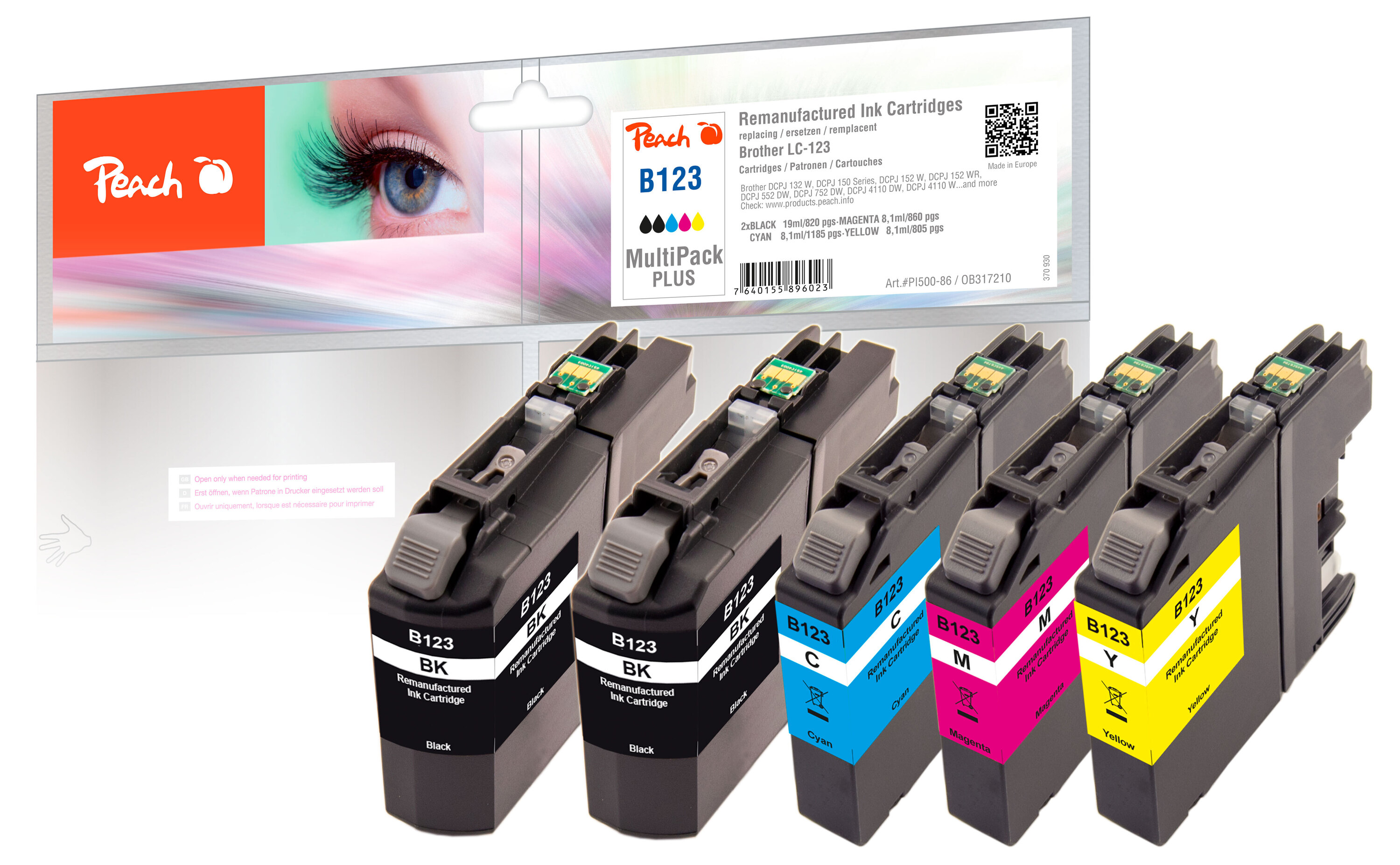 Peach B123 VALBP 5 Druckerpatronen XL (2*bk, c/m/y) ersetzt Brother LC-123VALBP f&uuml;r z.B. Brother MFCJ 4410 DW, Brother MFCJ 6520 DW, Brother DCPJ 150 (wiederaufbereitet) - Bild 1