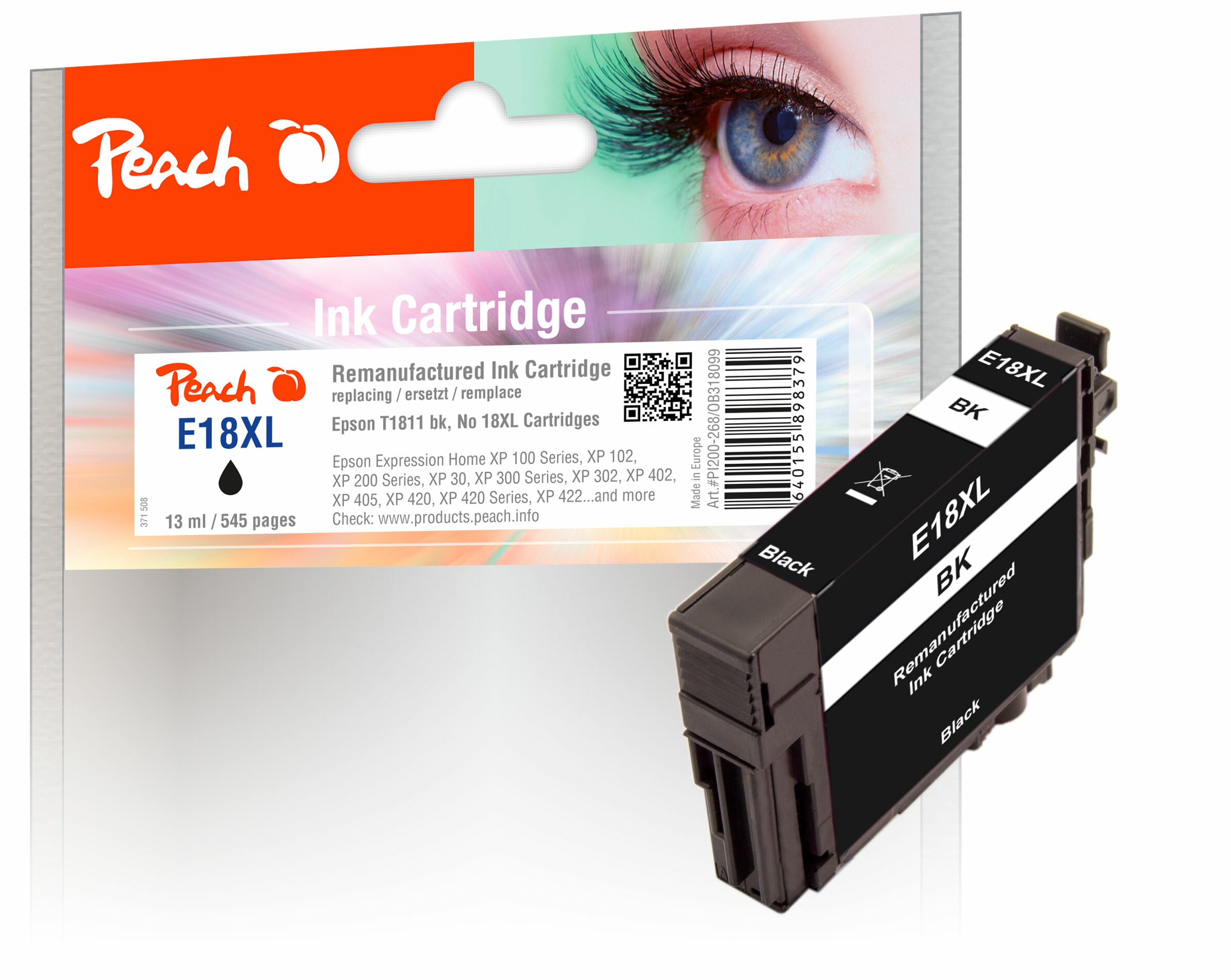 Peach E18 XLbk Druckerpatrone XL bk ersetzt Epson No. 18XL bk, C13T18114010 f&uuml;r z.B. Epson Expression Home XP -100, Epson Expression Home XP -102 (wiederaufbereitet) - Bild 1